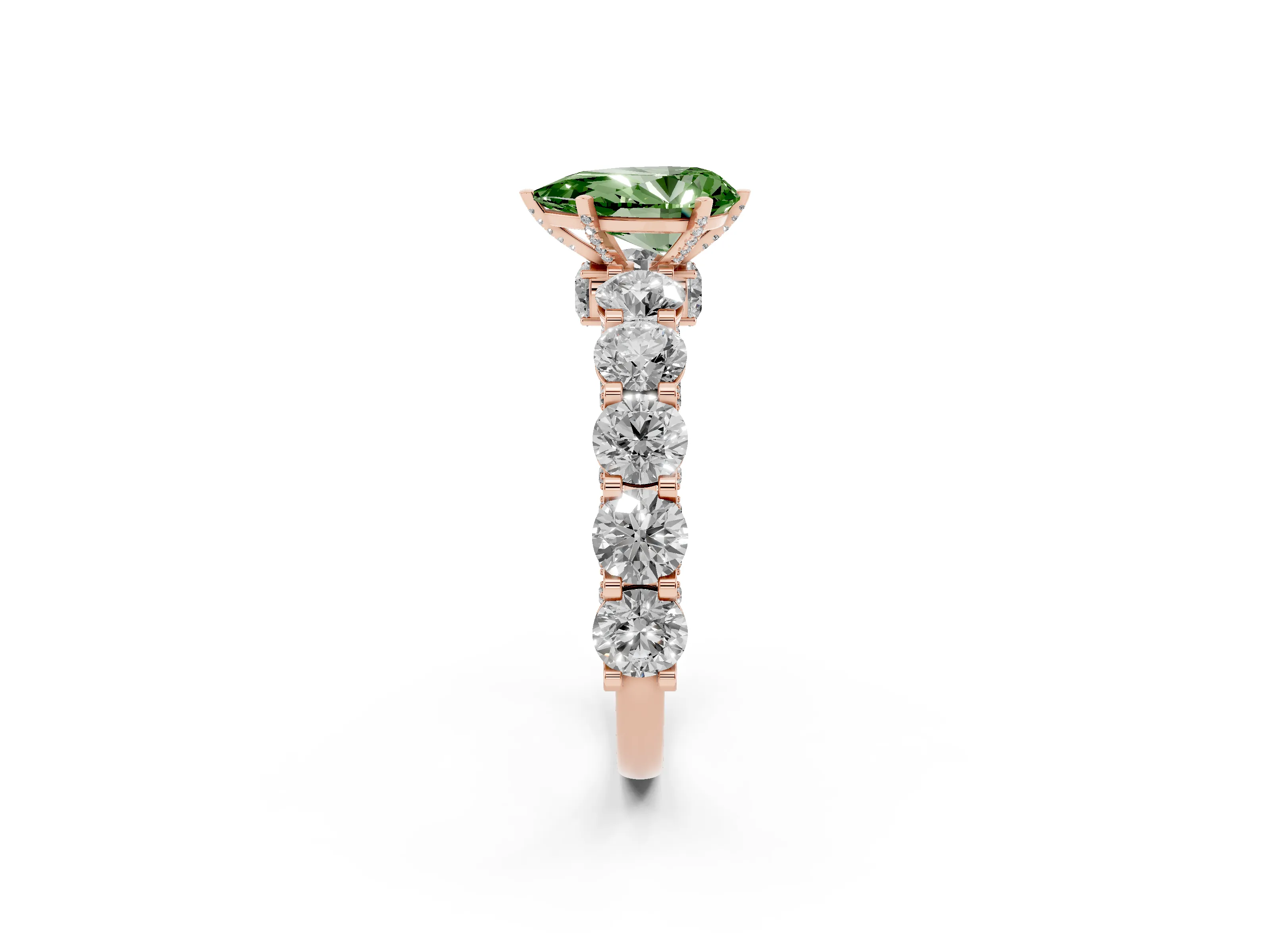 Fancy Green Pear Cut Diamond Side Stone Ring Set in Rose gold with Alternating Round and Oval Side Stones