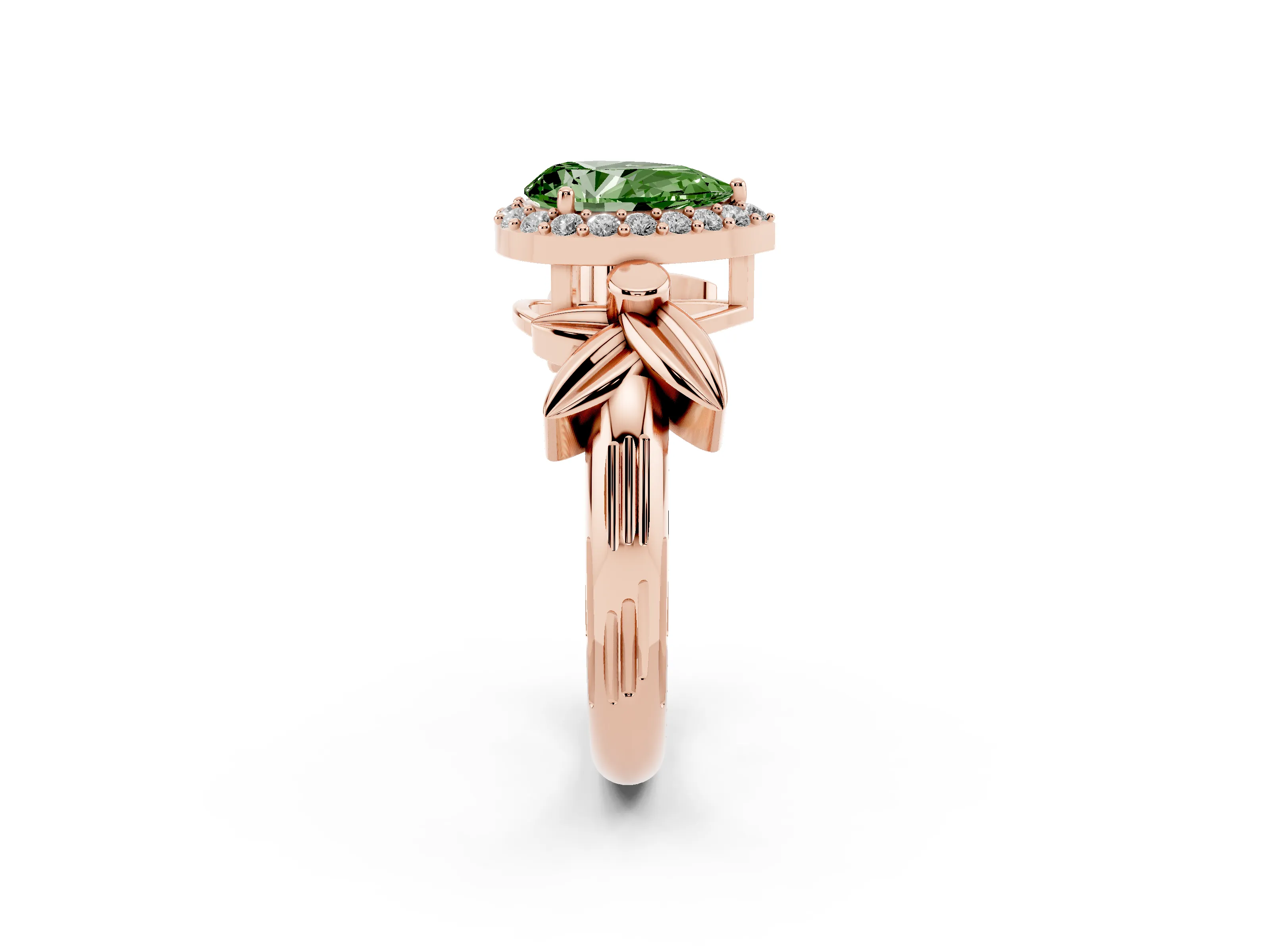 Fancy Green Pear Cut Diamond Halo Floral Band Ring Set in Rose gold with Prong Setting