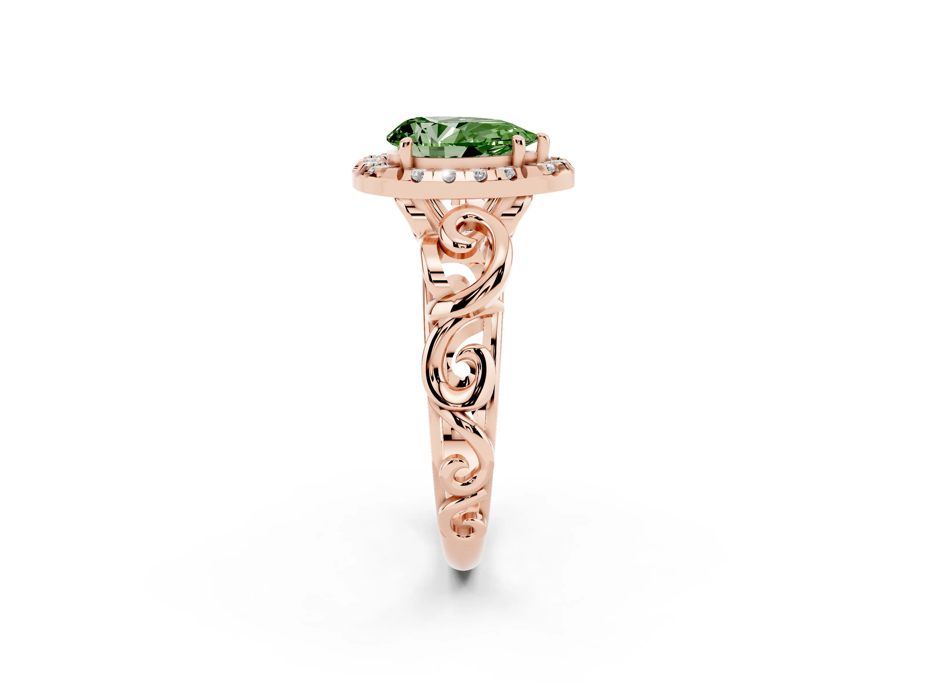 Fancy Green Pear Cut Diamond Halo Ring Set in Rose gold with Scrollwork Band and Prong Setting