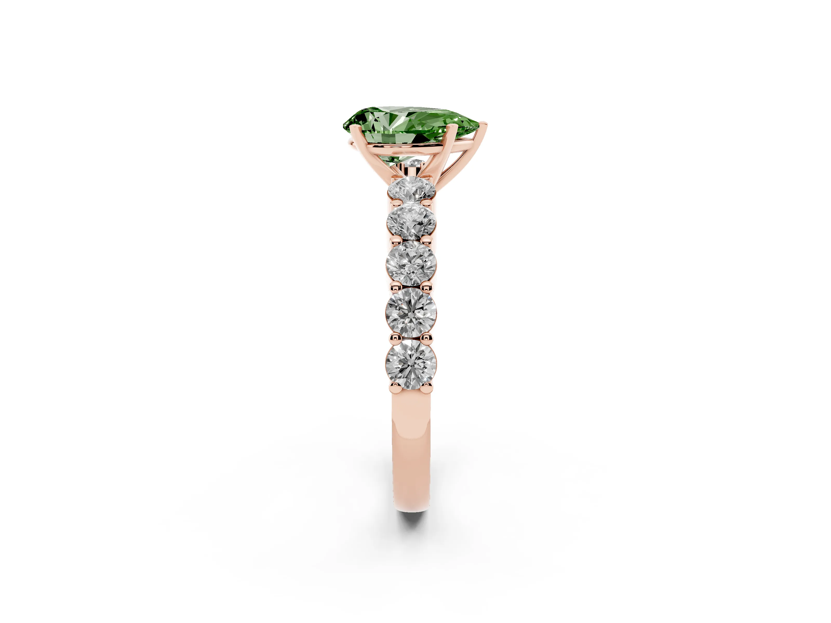 Fancy Green Pear Cut Diamond Solitaire Ring Set in Rose gold with Shared Prong Round Side Stones