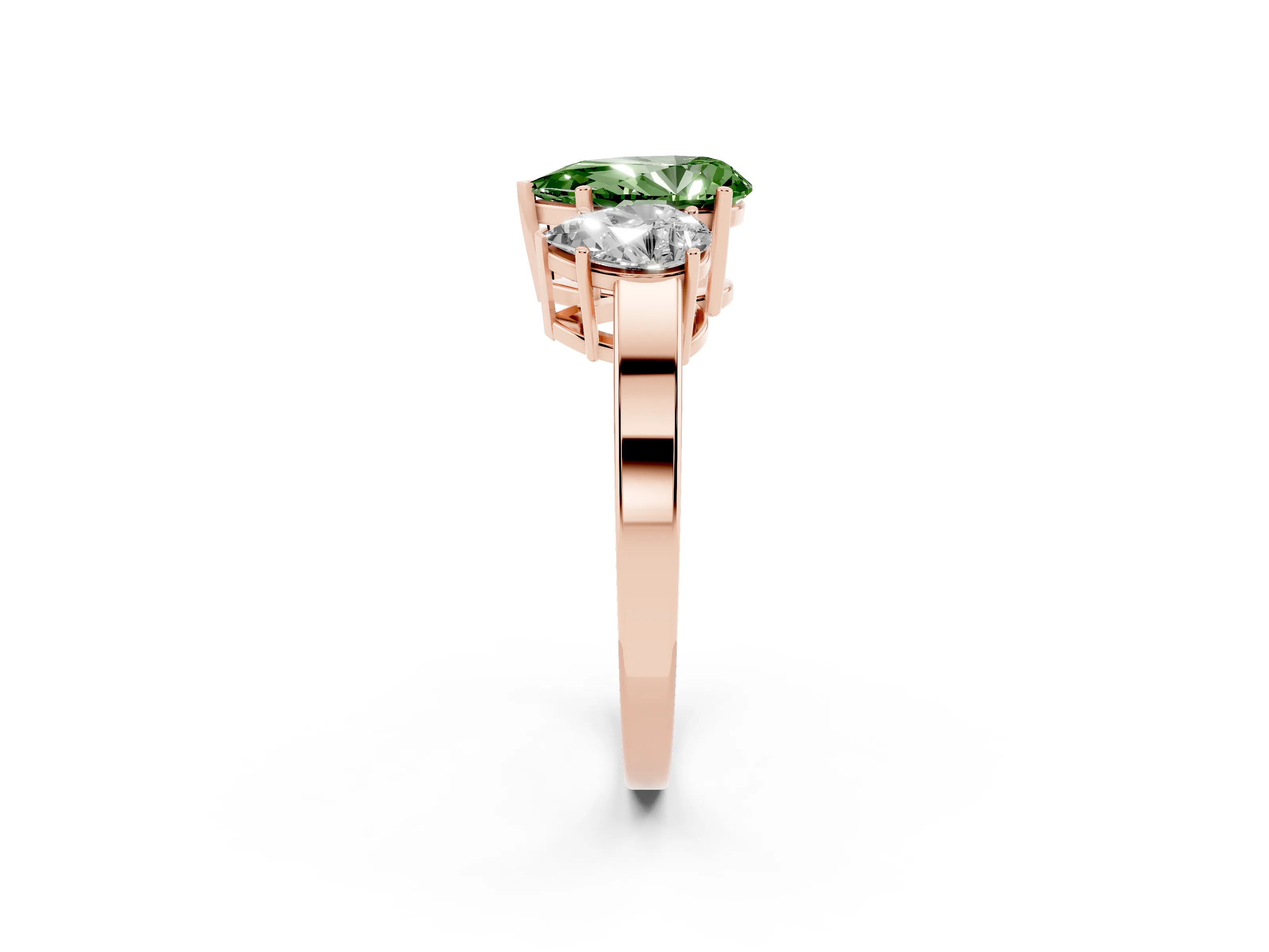 Fancy Green Pear Cut Diamond Three-Stone Engagement Ring Set in Rose gold with Flat Band