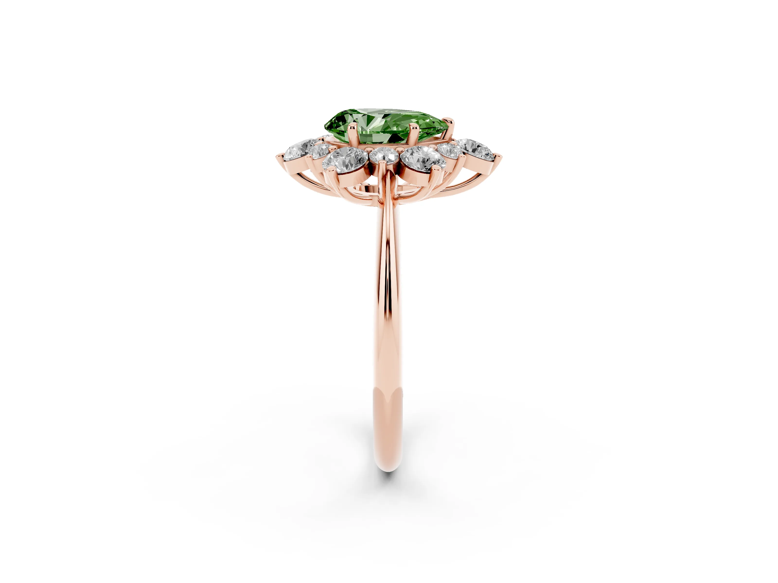 Fancy Green Pear Cut Diamond Cluster Halo Ring Set in Rose gold with Solitaire Band and Prong Setting