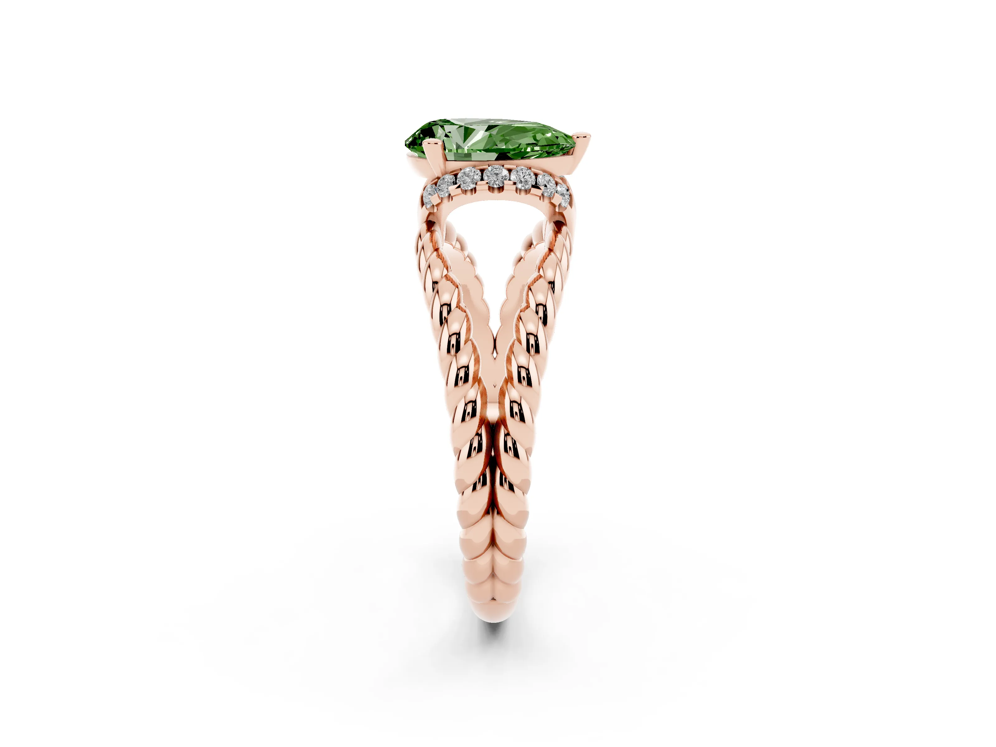 Fancy Green Pear Cut Diamond Halo Ring Set in Rose gold with Twisted Band and Prong Setting