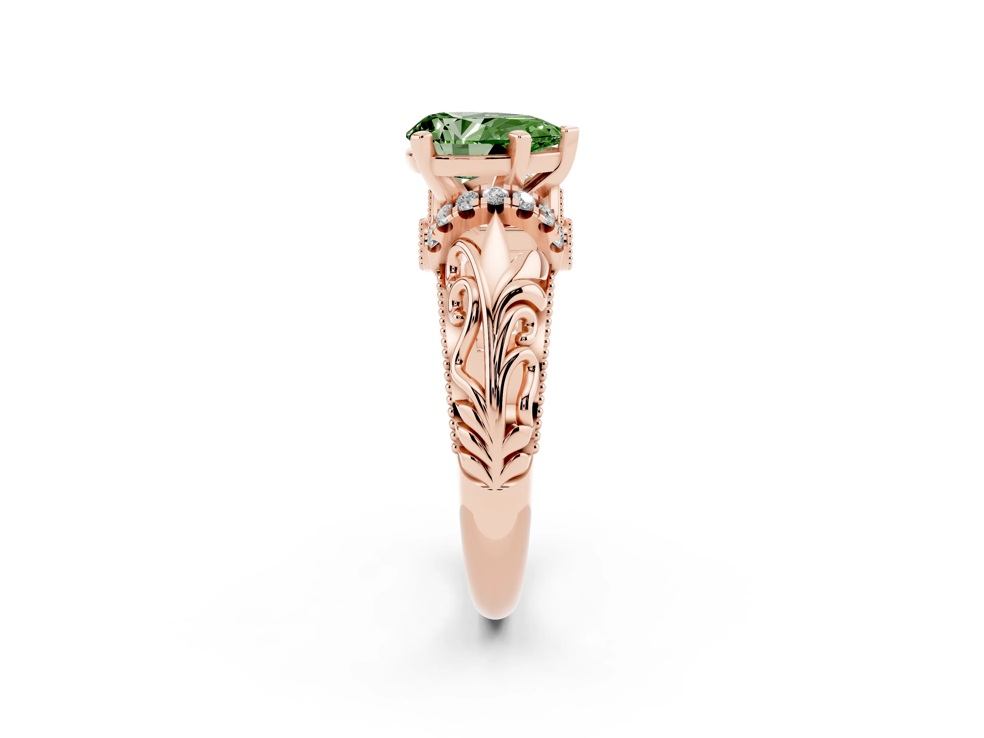 Fancy Green Pear Cut Diamond Filigree Halo Engagement Ring Set in Rose gold with Prong Setting