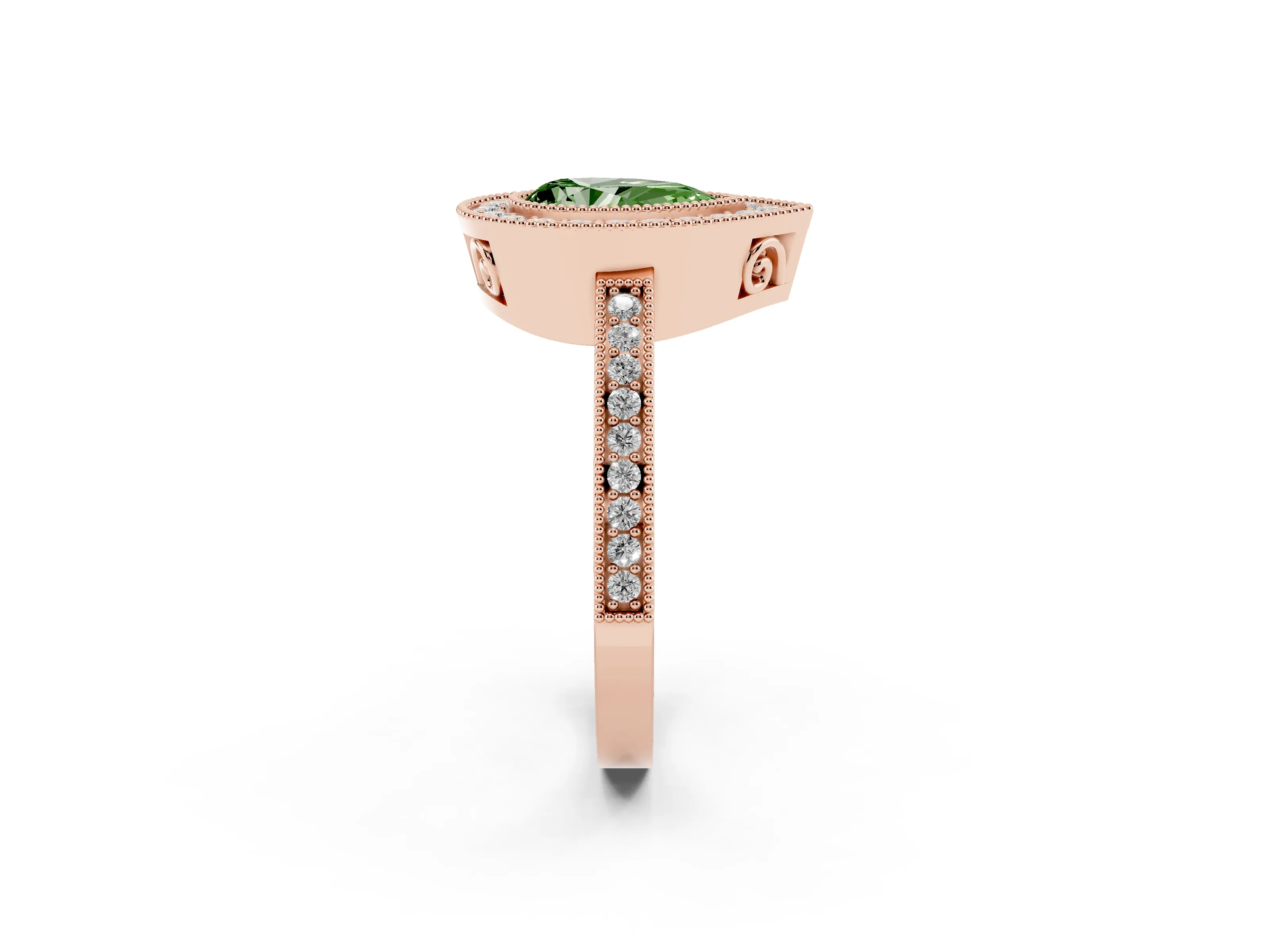 Fancy Green Pear Cut Diamond Round Halo Ring Set in Rose gold with Pavé Band