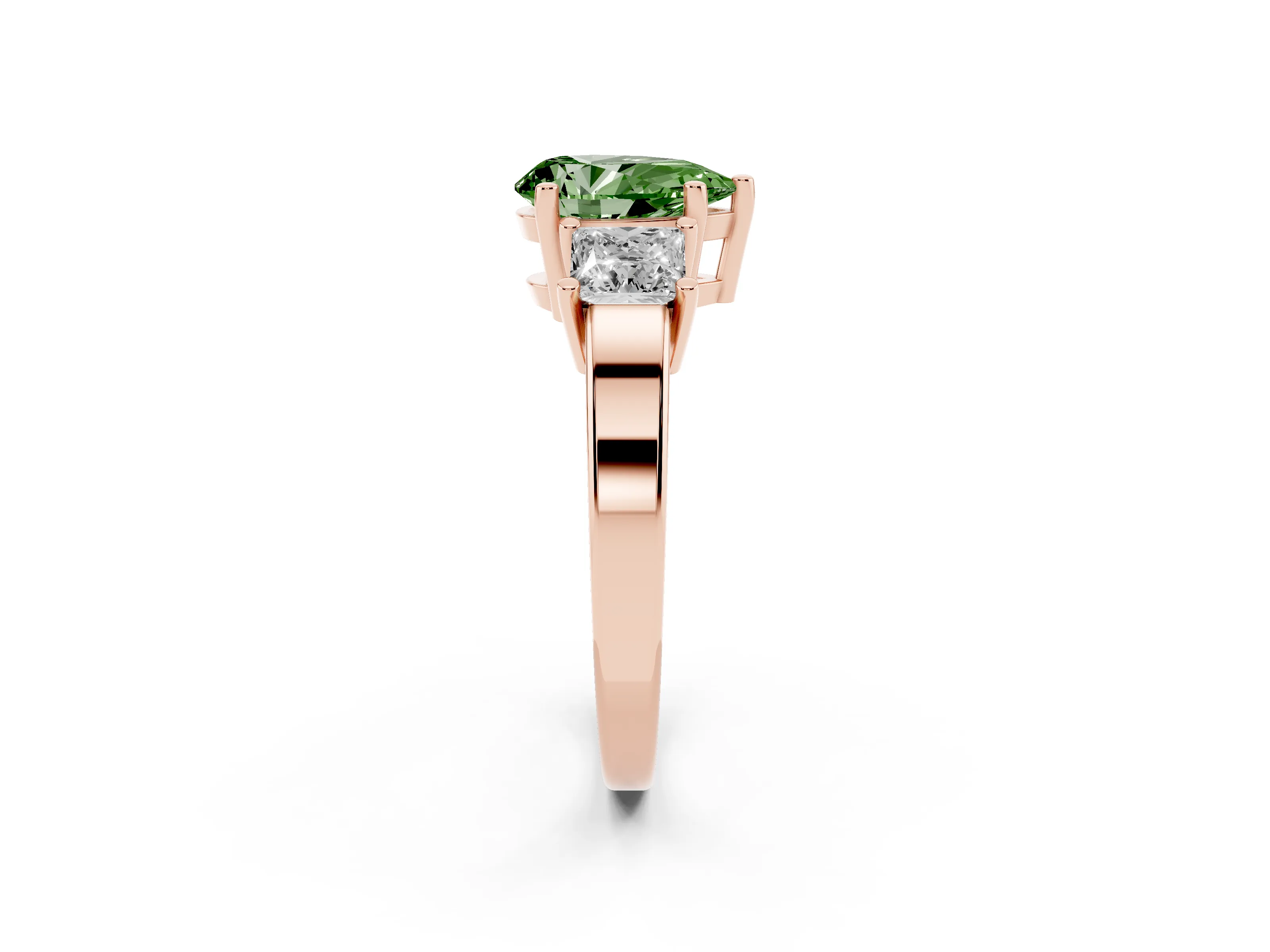 Fancy Green Three-Stone Pear Cut Diamond Solitaire Ring Set in Rose gold with Prong Setting