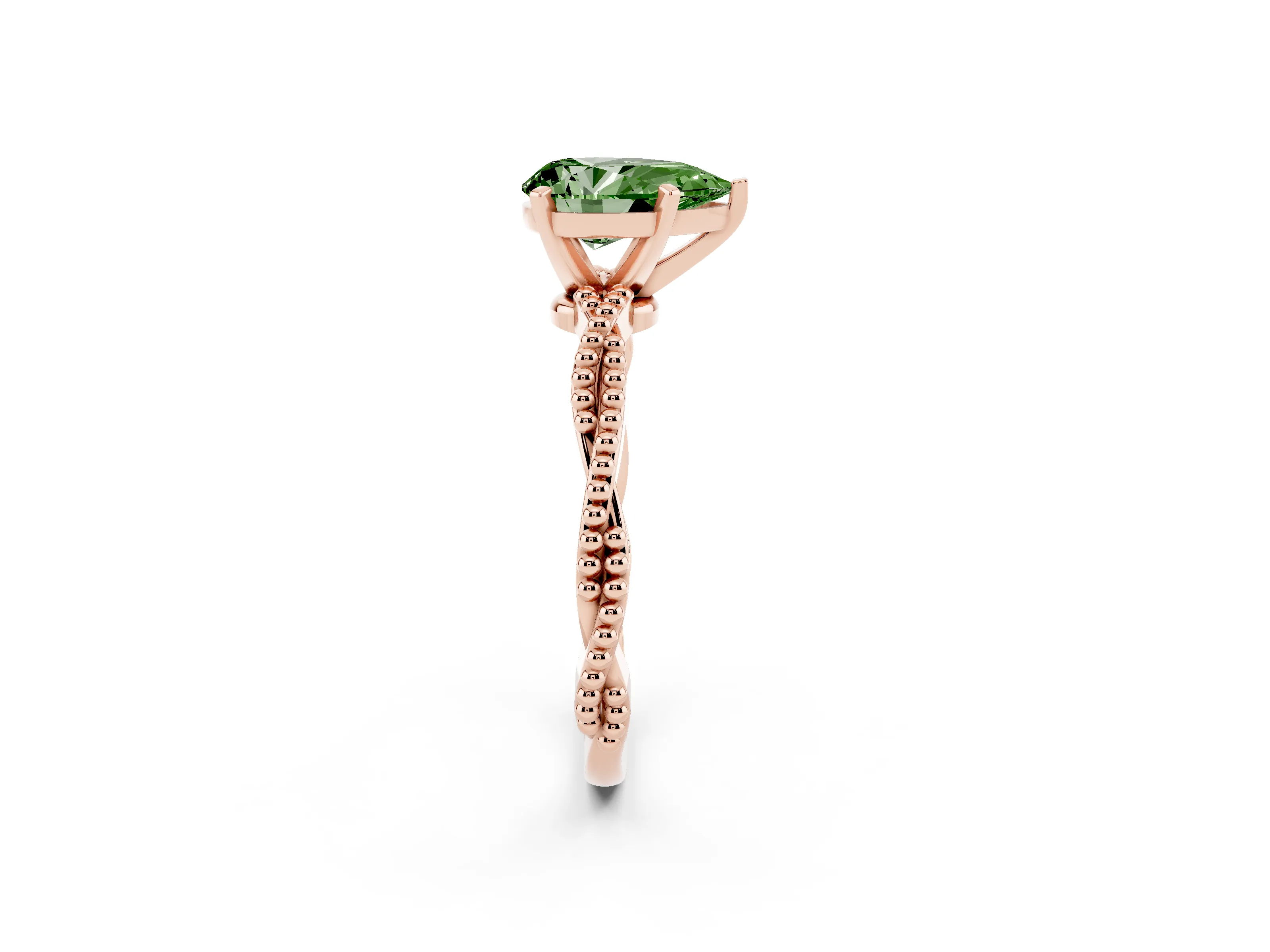 Fancy Green Pear Cut Diamond Solitaire Ring Set in Rose gold with Twisted Band and Bead Prong Setting
