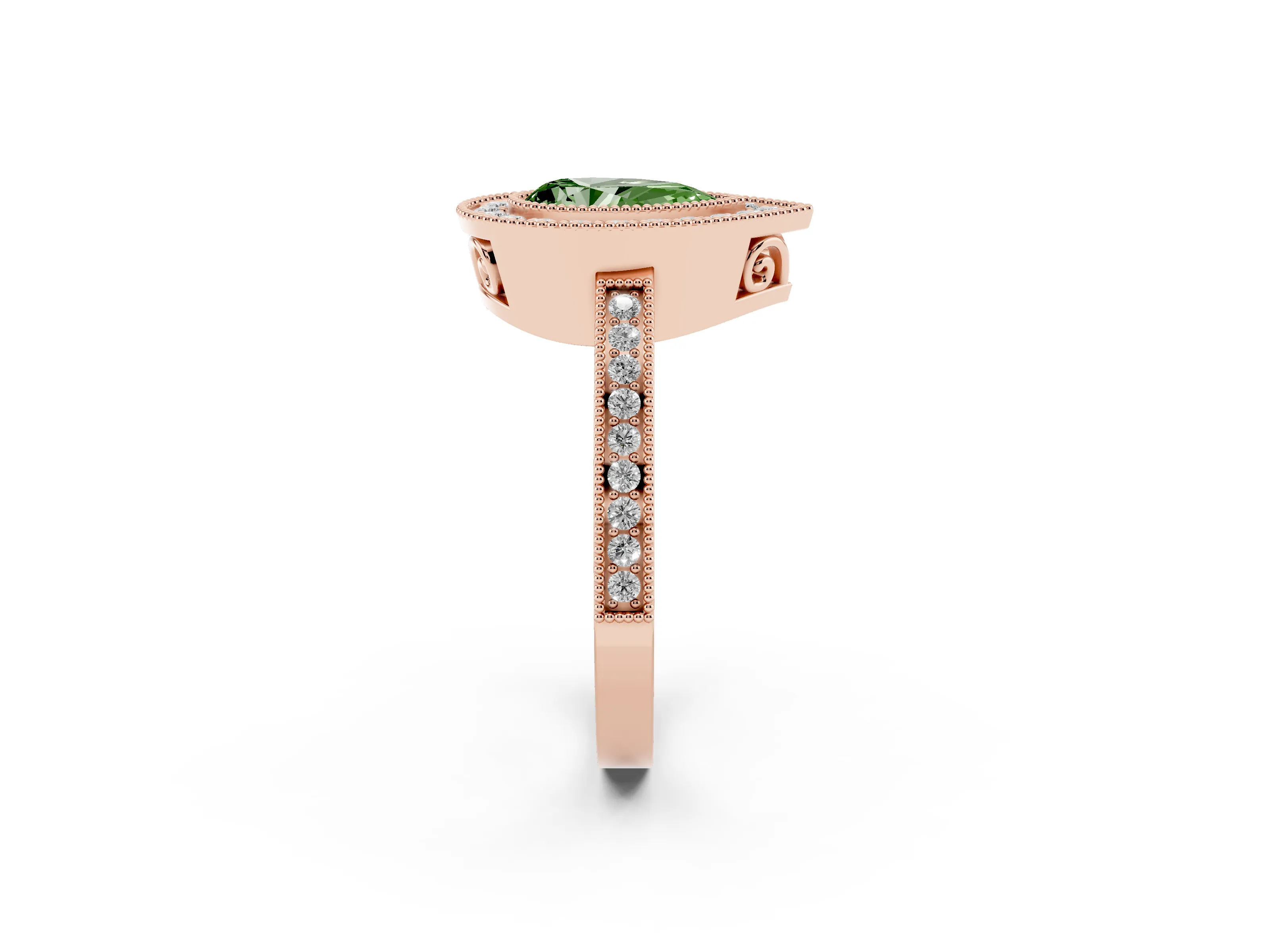Fancy Green Pear Cut Diamond Halo Ring Set in Rose gold with Pavé Band and Milgrain-Edged Prongs