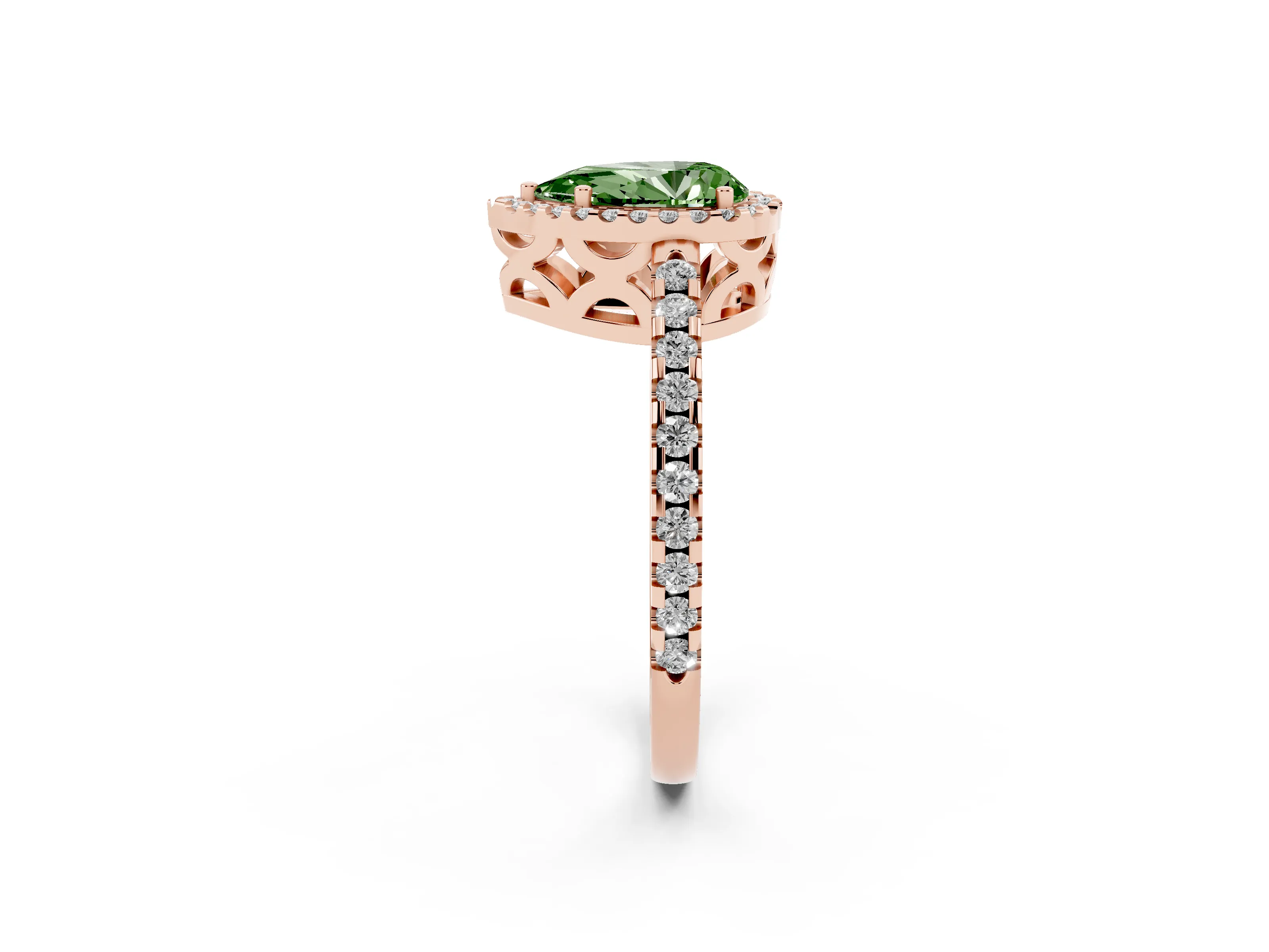 Fancy Green Pear Cut Diamond Halo Ring Set in Rose gold with Pavé Shoulders and Halo-Framed Center