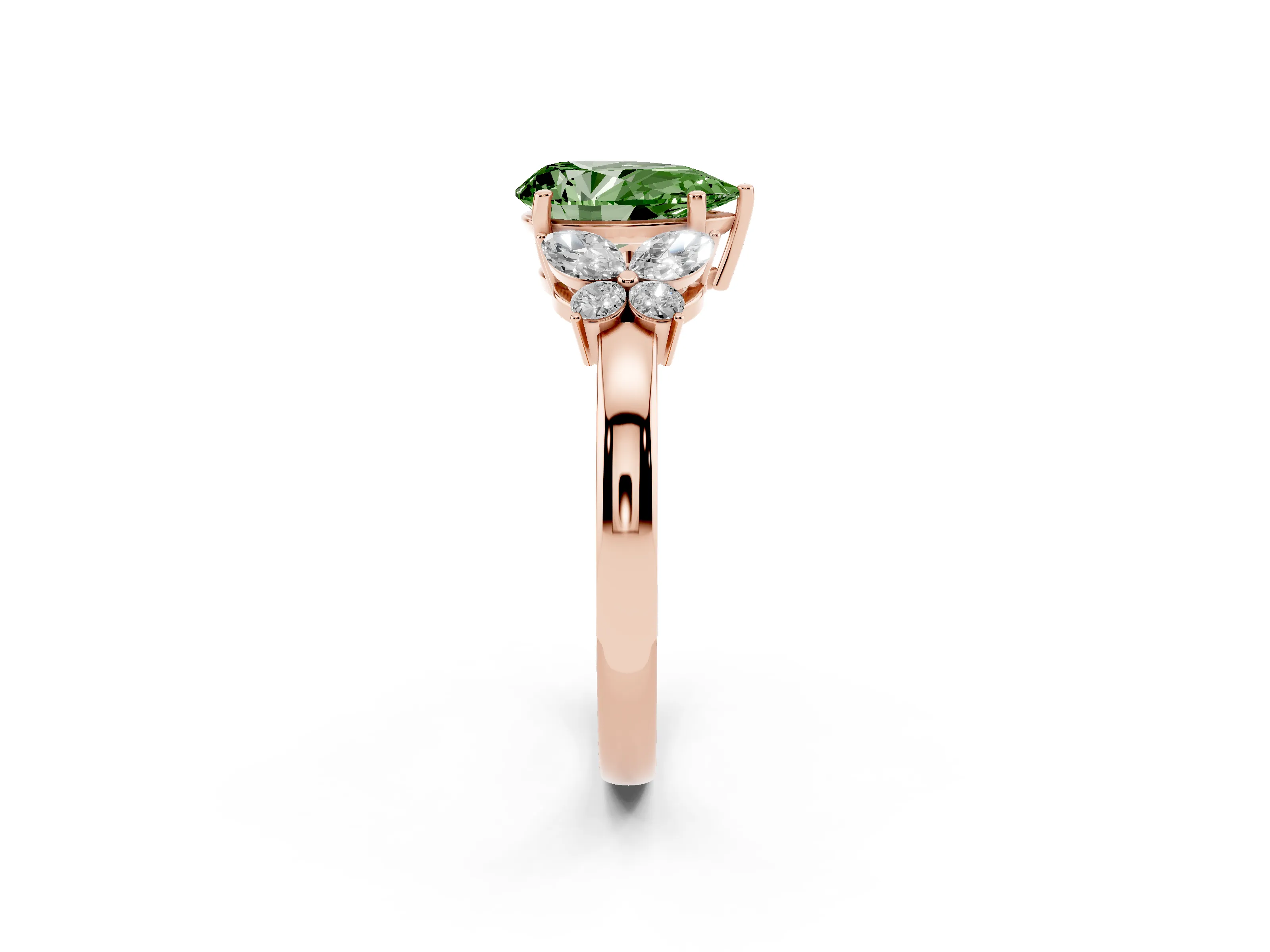 Fancy Green Pear Cut Diamond Solitaire Floral Ring Set in Rose gold with Marquise Petals and Prong Setting