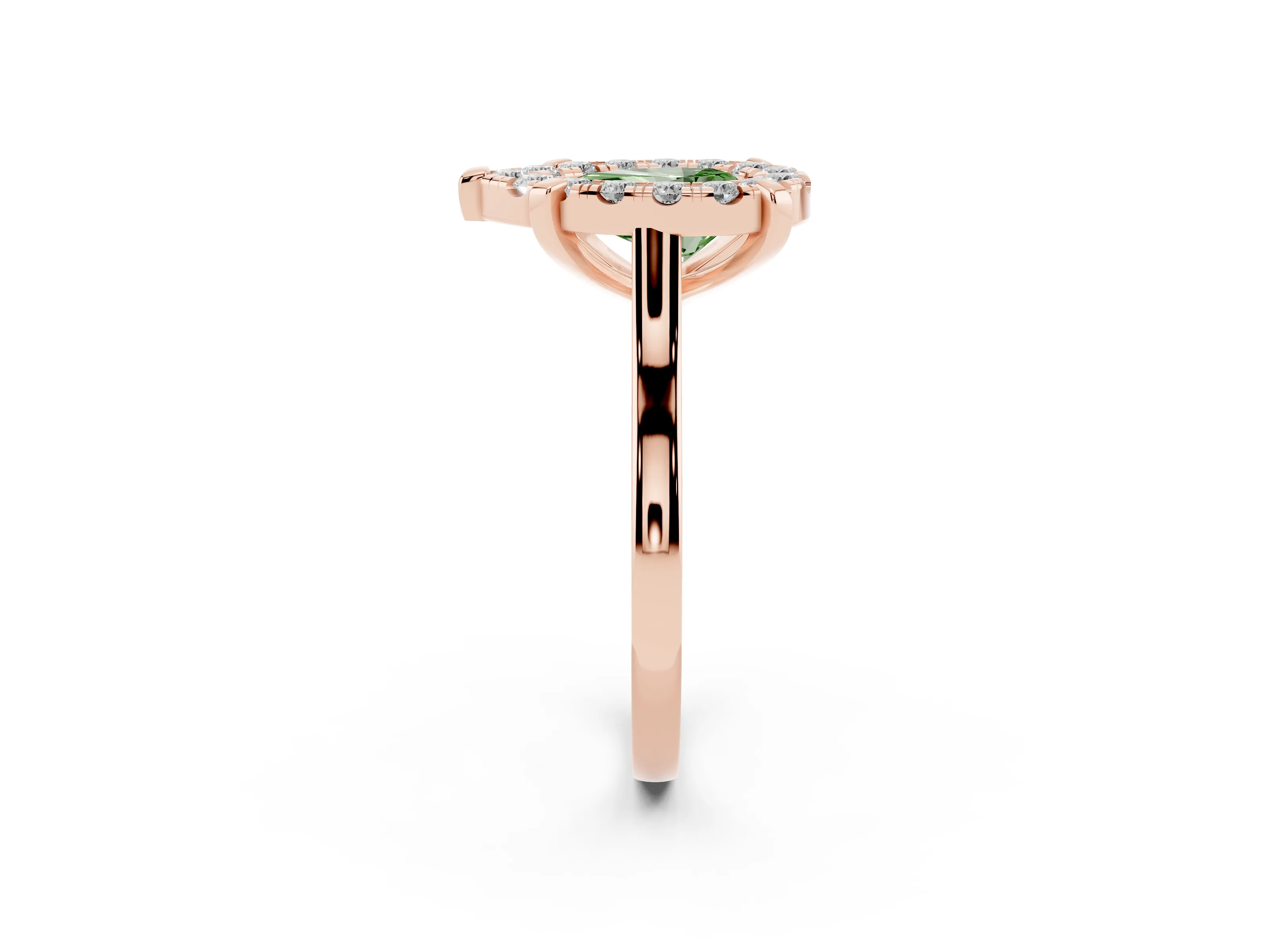 Fancy Green Pear Cut Diamond Cluster Halo Solitaire Ring Set in Rose gold with Prong Setting