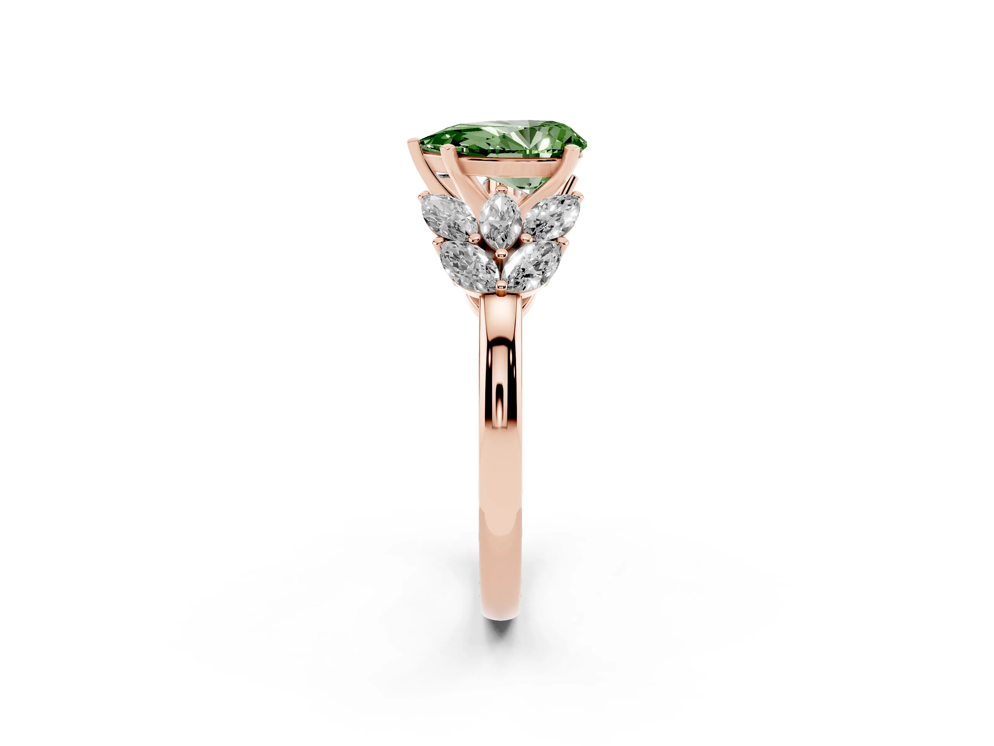 Fancy Green Pear Cut Diamond Cluster Leaf Design Ring Set in Rose gold with Prong Setting