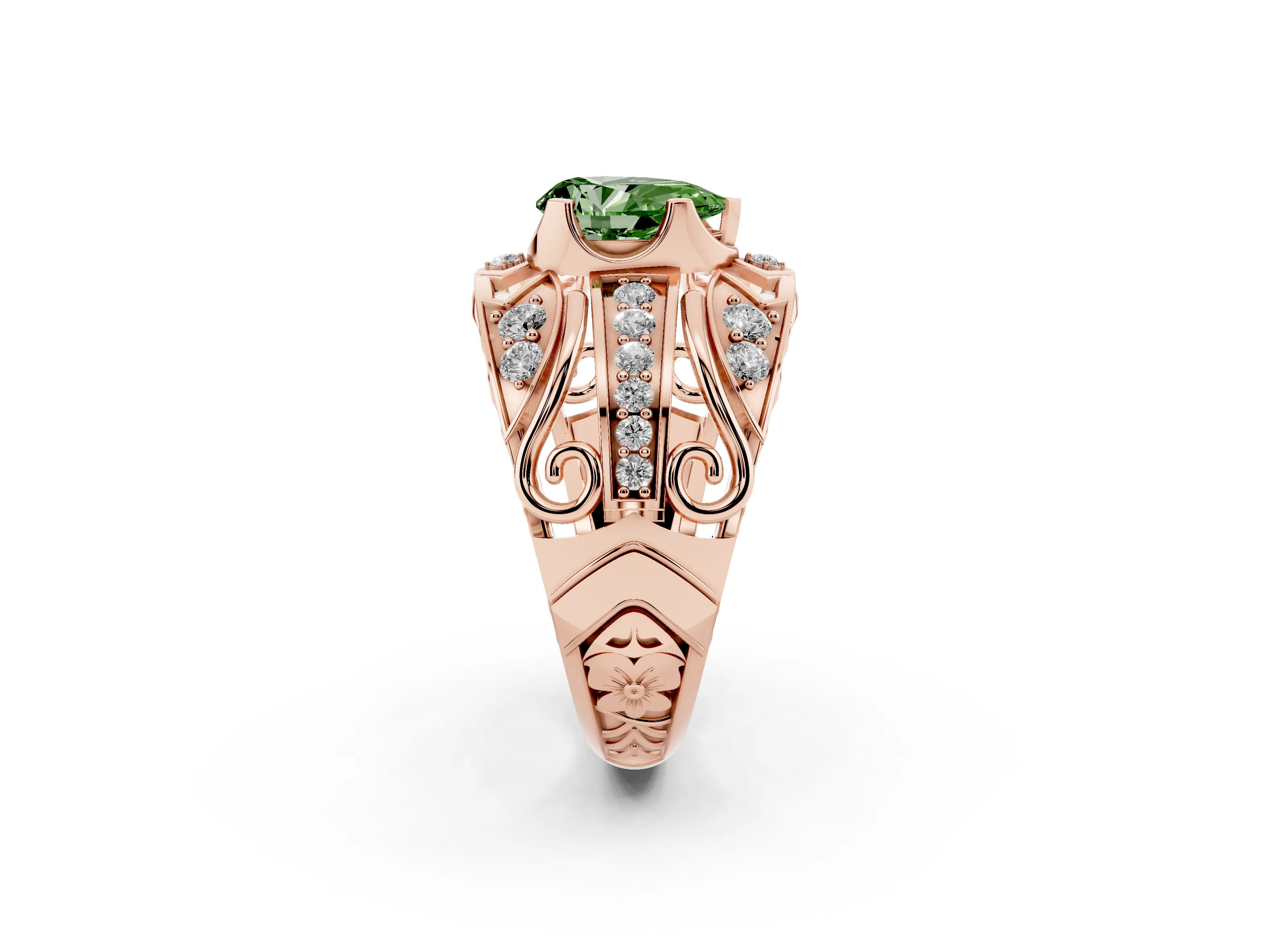 Fancy Green Pear Cut Diamond Art Deco Ring Set in Rose gold with Pavé Split Shank