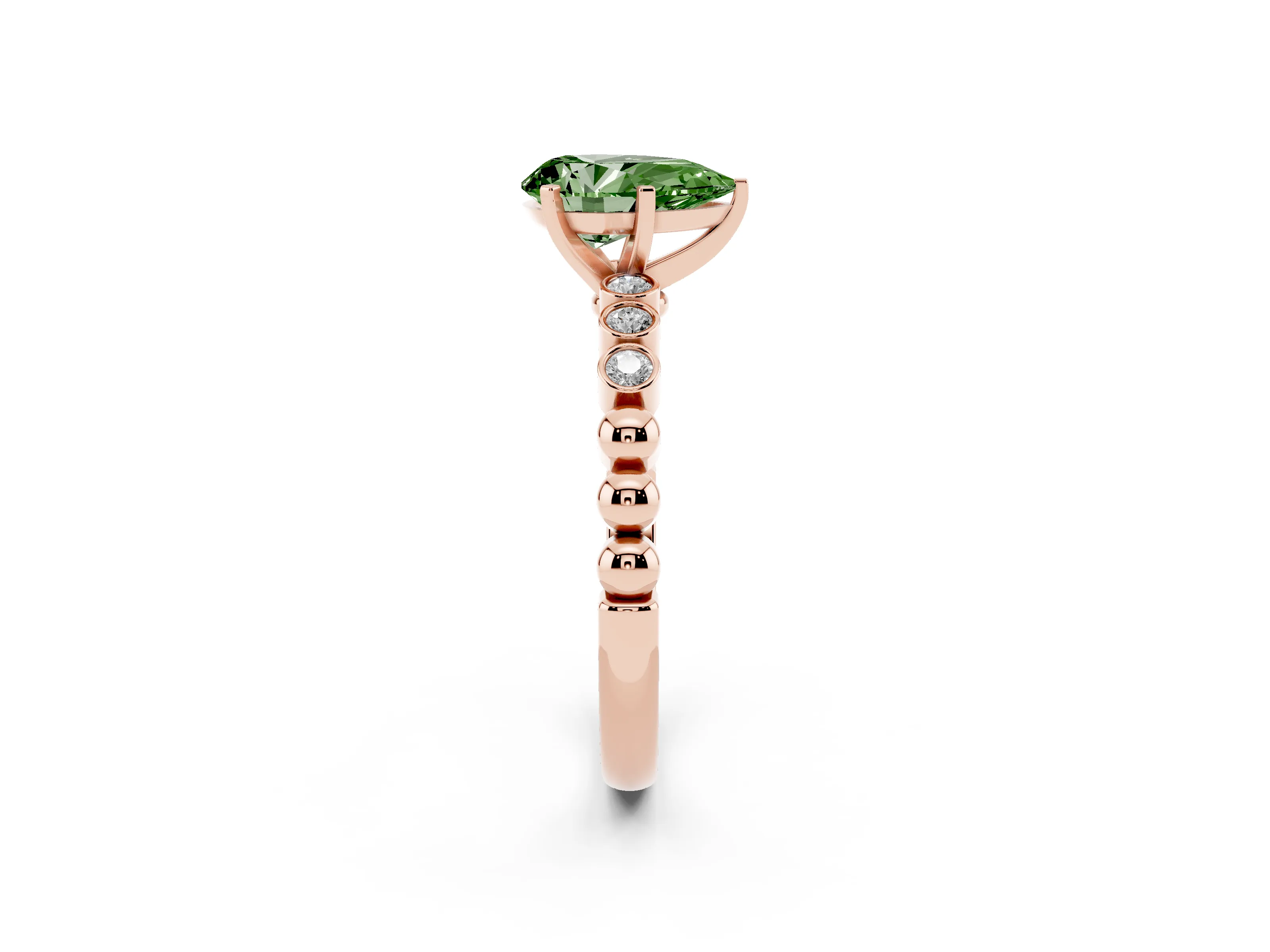 Fancy Green Pear Cut Diamond Solitaire Engagement Ring Set in Rose gold with Bezel Accents on Beaded Band