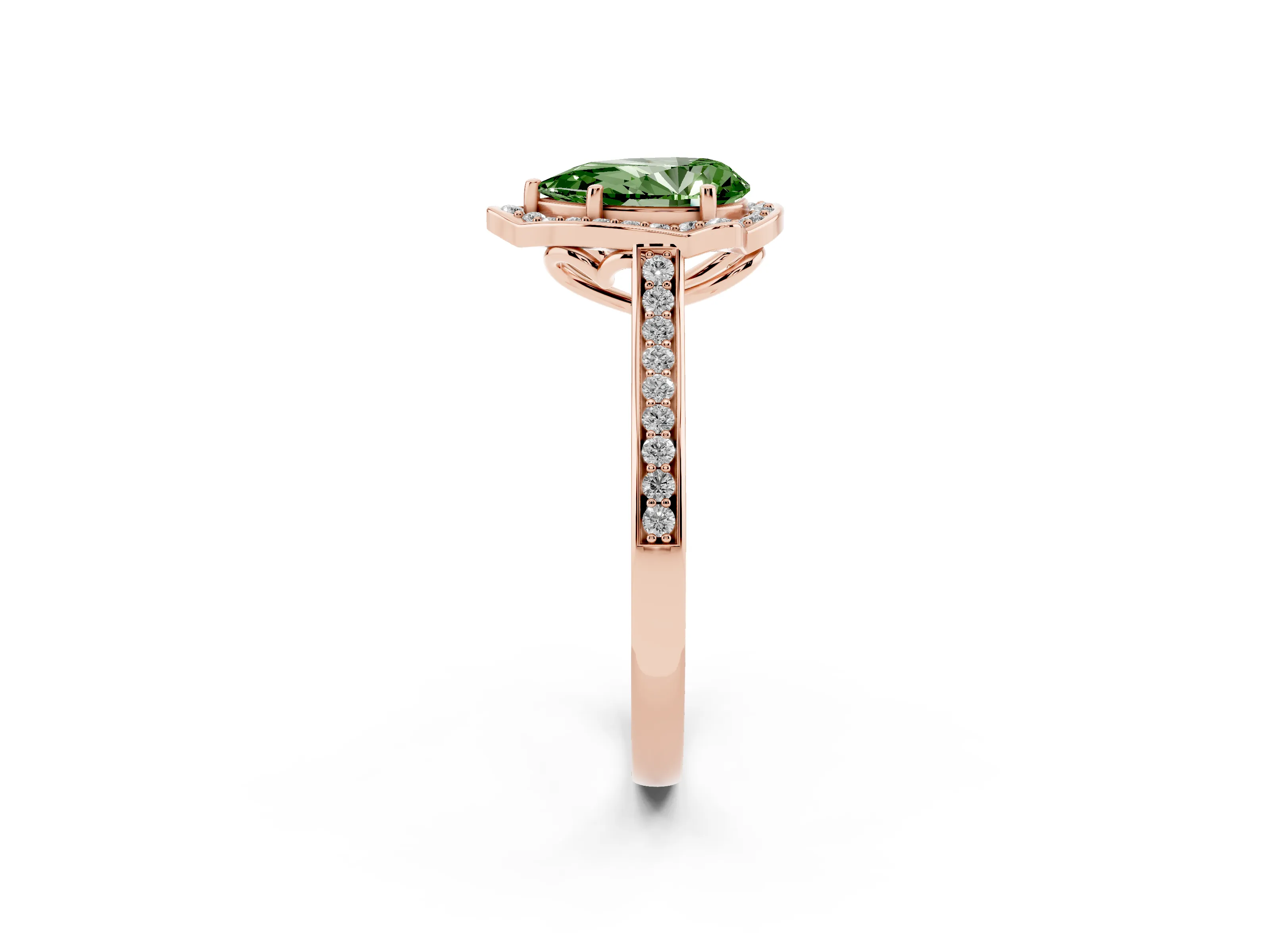 Fancy Green Pear Cut Diamond Halo Ring Set in Rose gold with Pavé-Lined Shoulders and Prong Setting