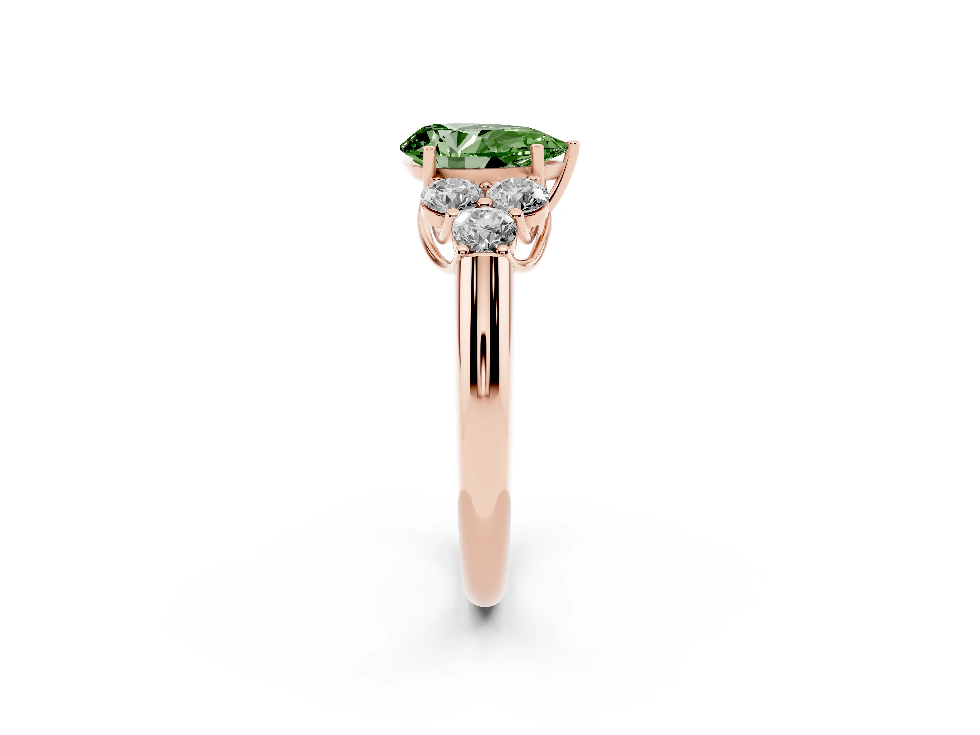 Fancy Green Pear Cut Diamond Cluster Ring Set in Rose gold with Round Accent Stones and Prong Setting on a Plain Band