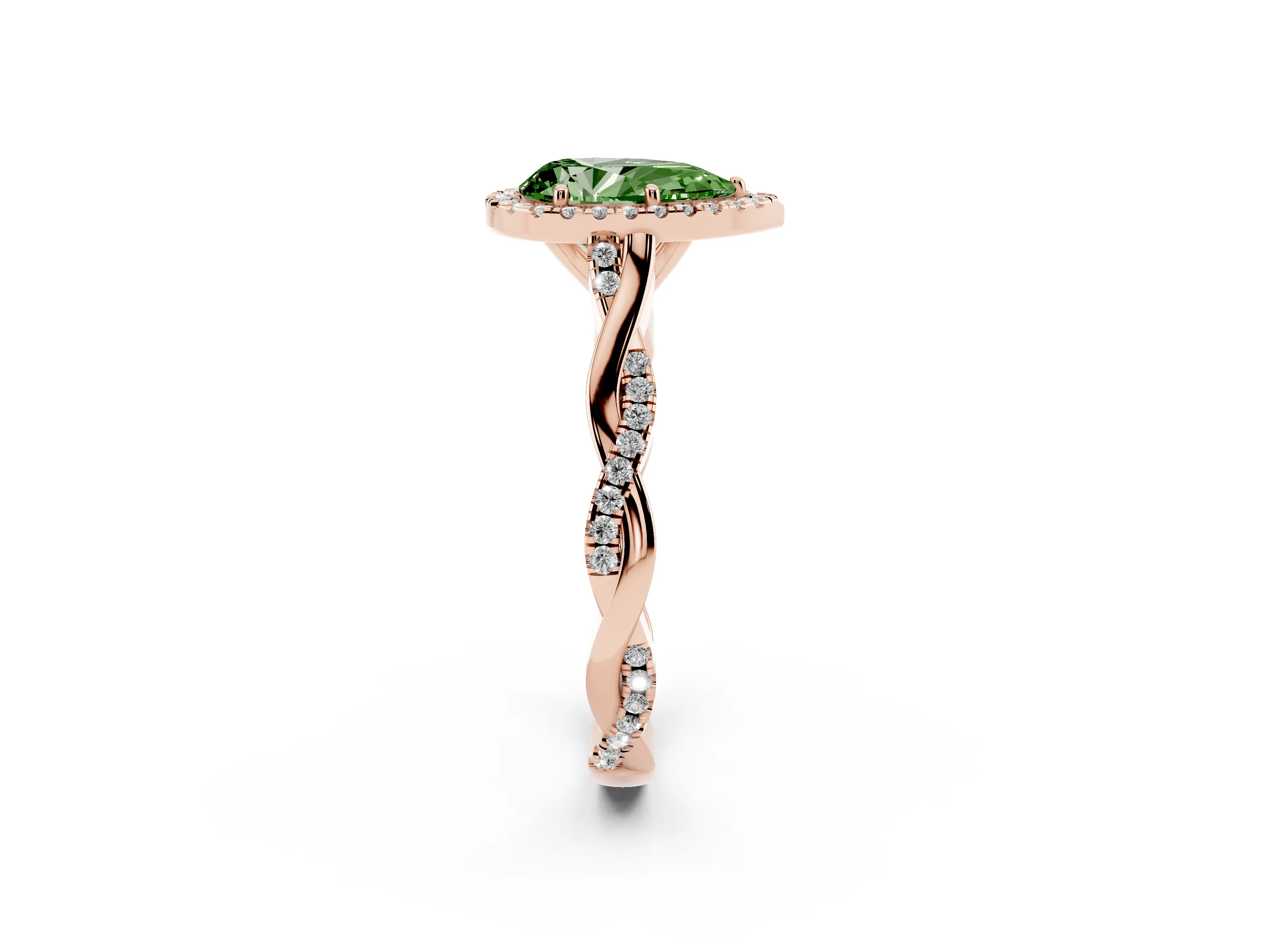 Fancy Green Pear Cut Diamond Halo Twist Band Solitaire Ring Set in Rose gold with Prong Setting