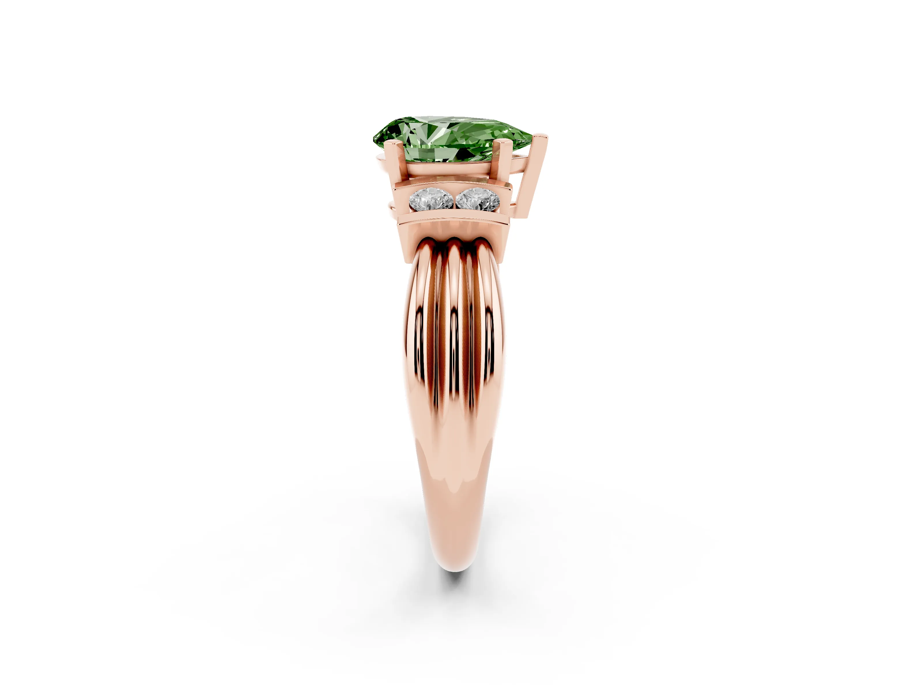 Fancy Green Three-Stone Pear Cut Diamond Channel Set Ring Set in Rose gold with Bar Prongs