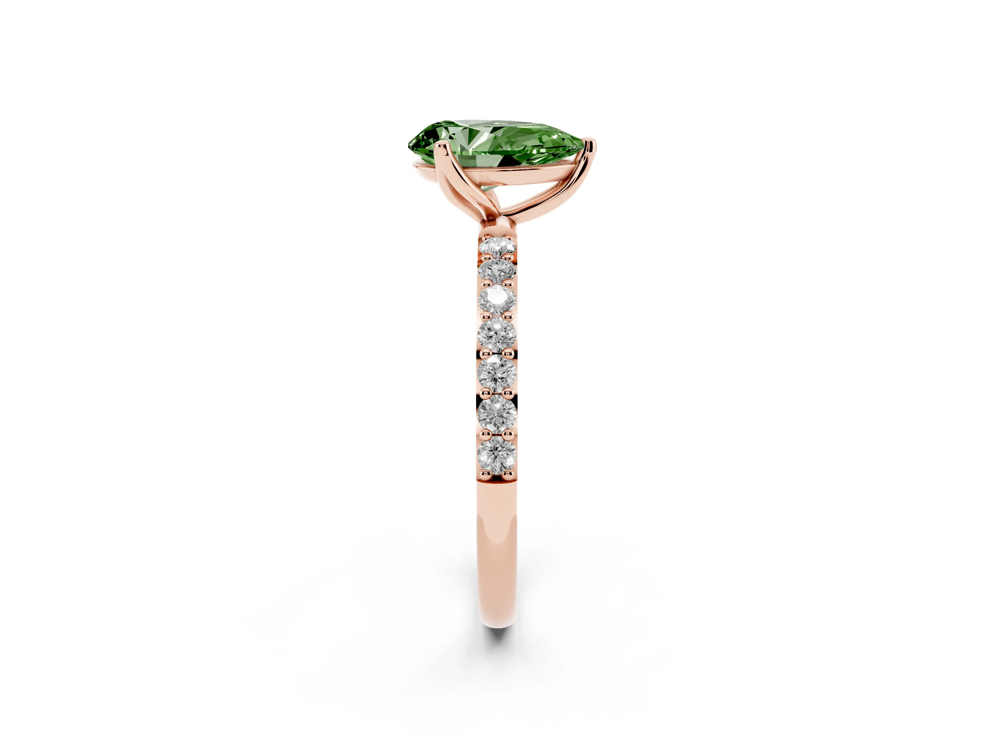 Fancy Green Pear Cut Diamond Solitaire Engagement Ring Set in Rose gold with Round Pavé Band and Prong Setting