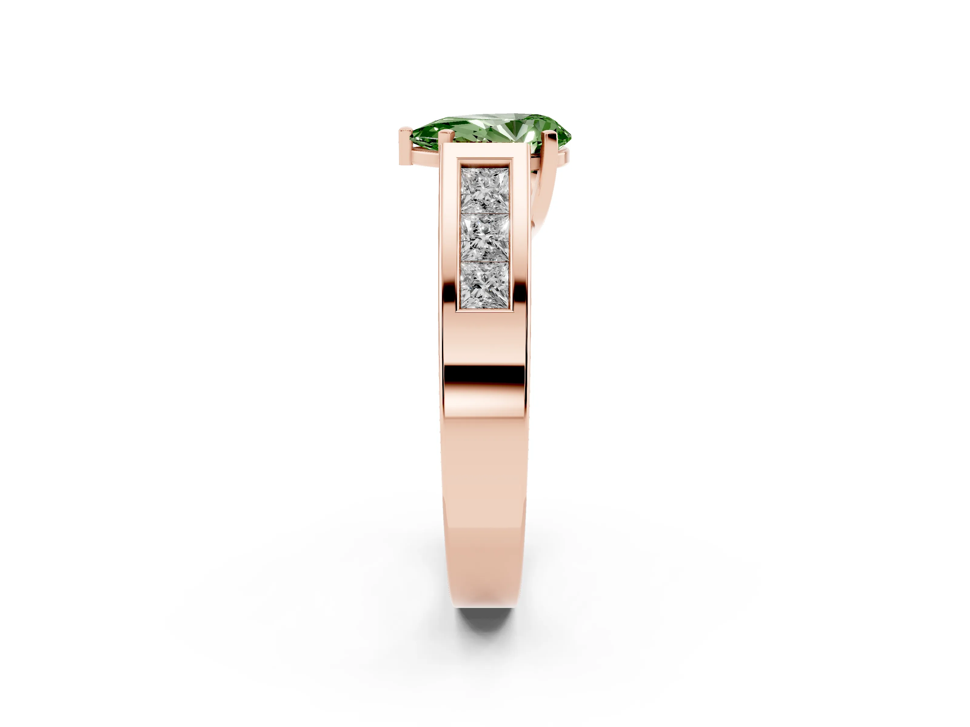 Fancy Green Pear Cut Diamond Solitaire Ring Set in Rose gold with Channel-Set Accent Stones and Prong Setting