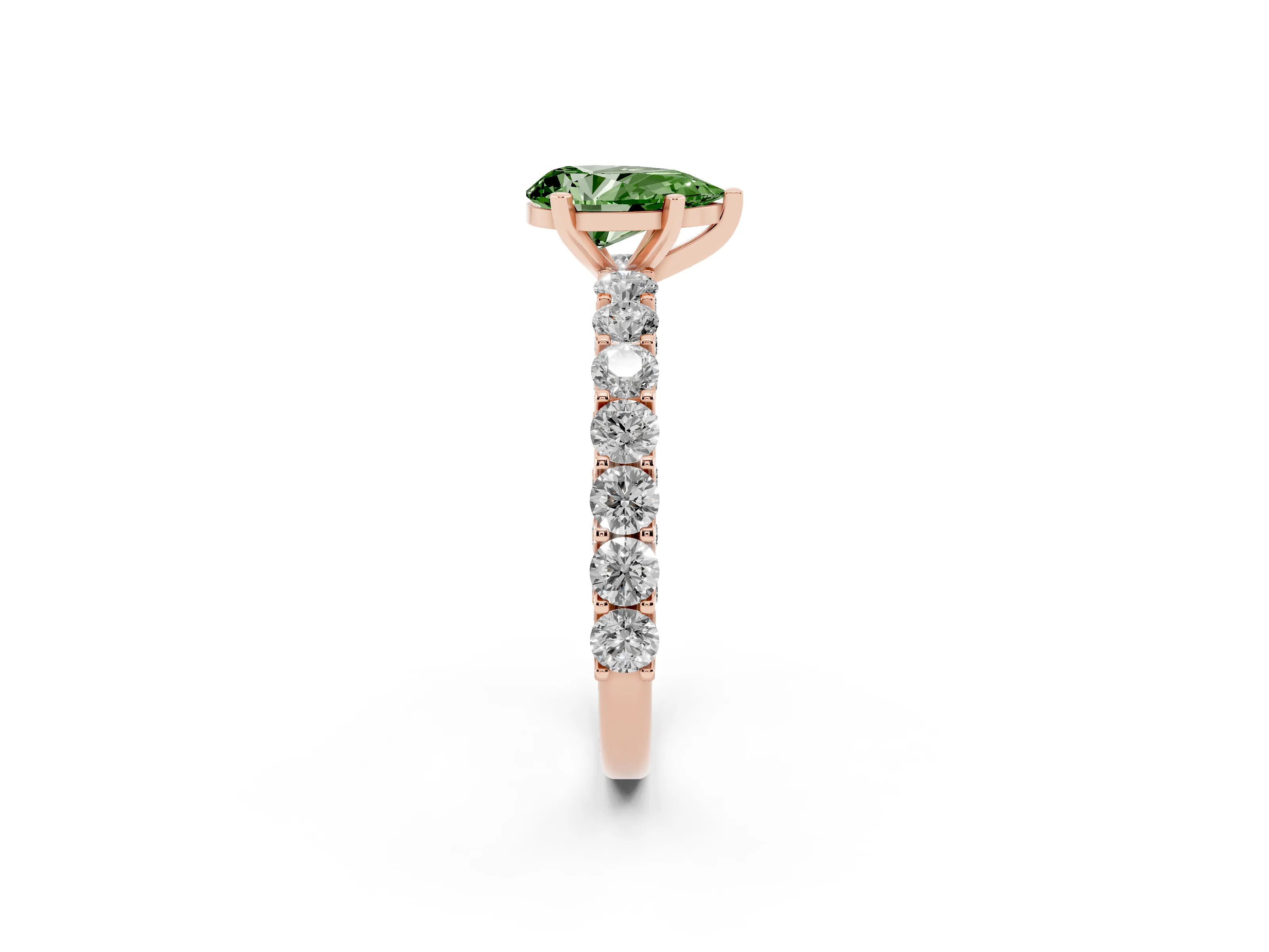 Fancy Green Pear Cut Diamond Solitaire Ring Set in Rose gold with Shared Prong Pavé Band