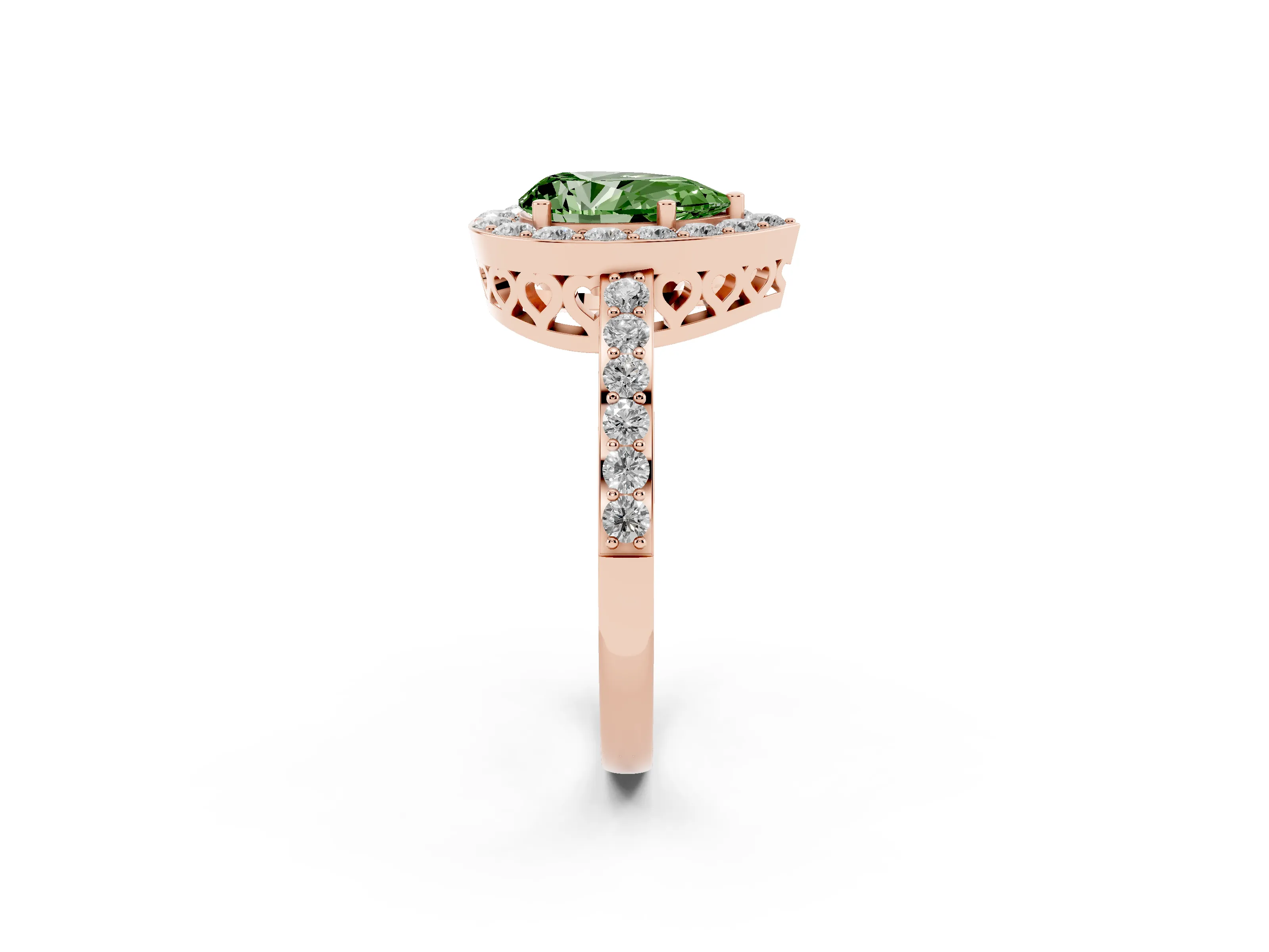 Fancy Green Pear Cut Diamond Halo Ring Set in Rose gold with Pavé-Setting Band and Open Prong Center