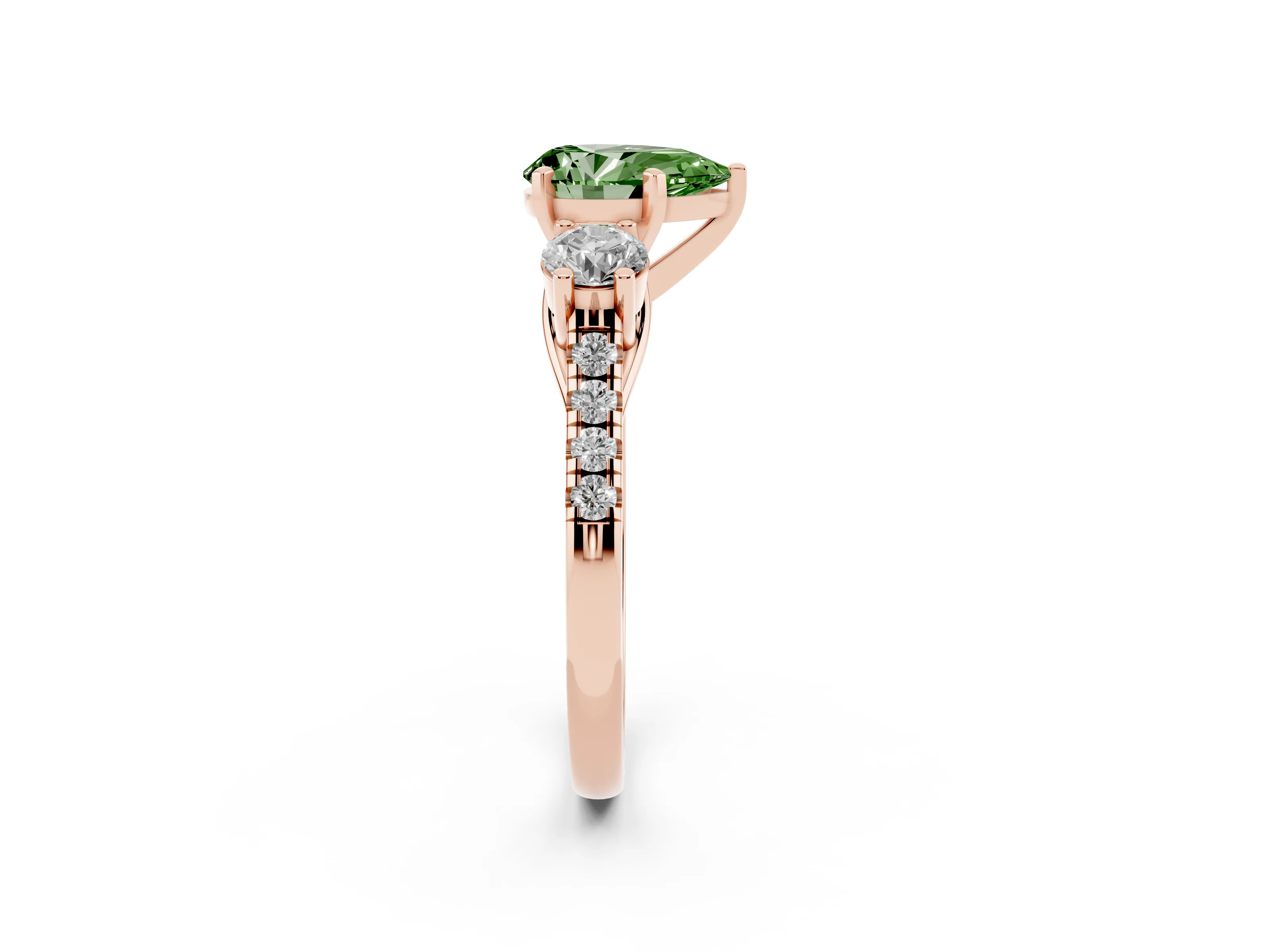 Fancy Green Three-Stone Pear Cut Diamond Pavé Band Ring Set in Rose gold with Prong-Set Trio