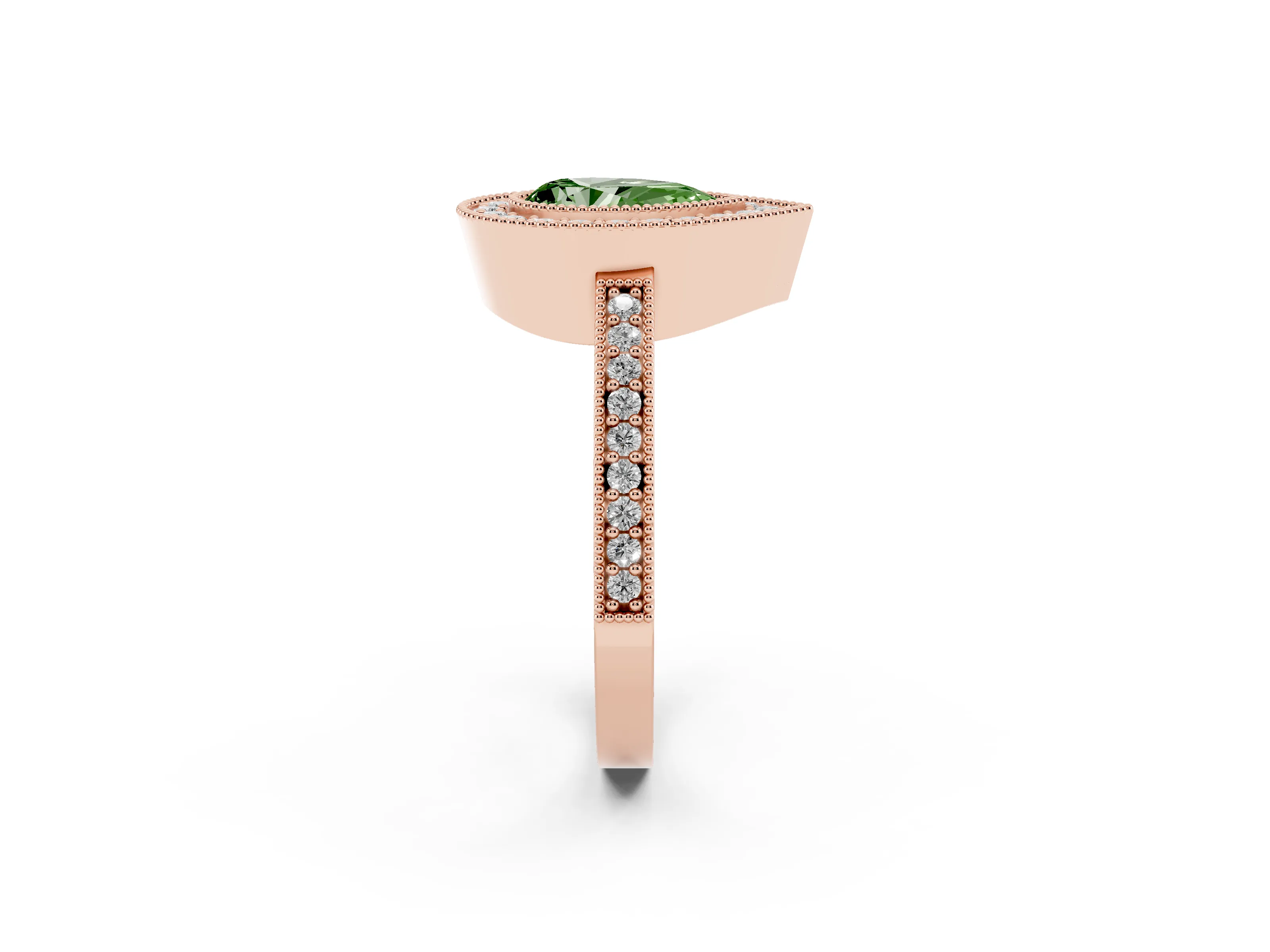 Fancy Green Pear Cut Diamond Halo Engagement Ring Set in Rose gold with Pavé Band and Round Halo Stones