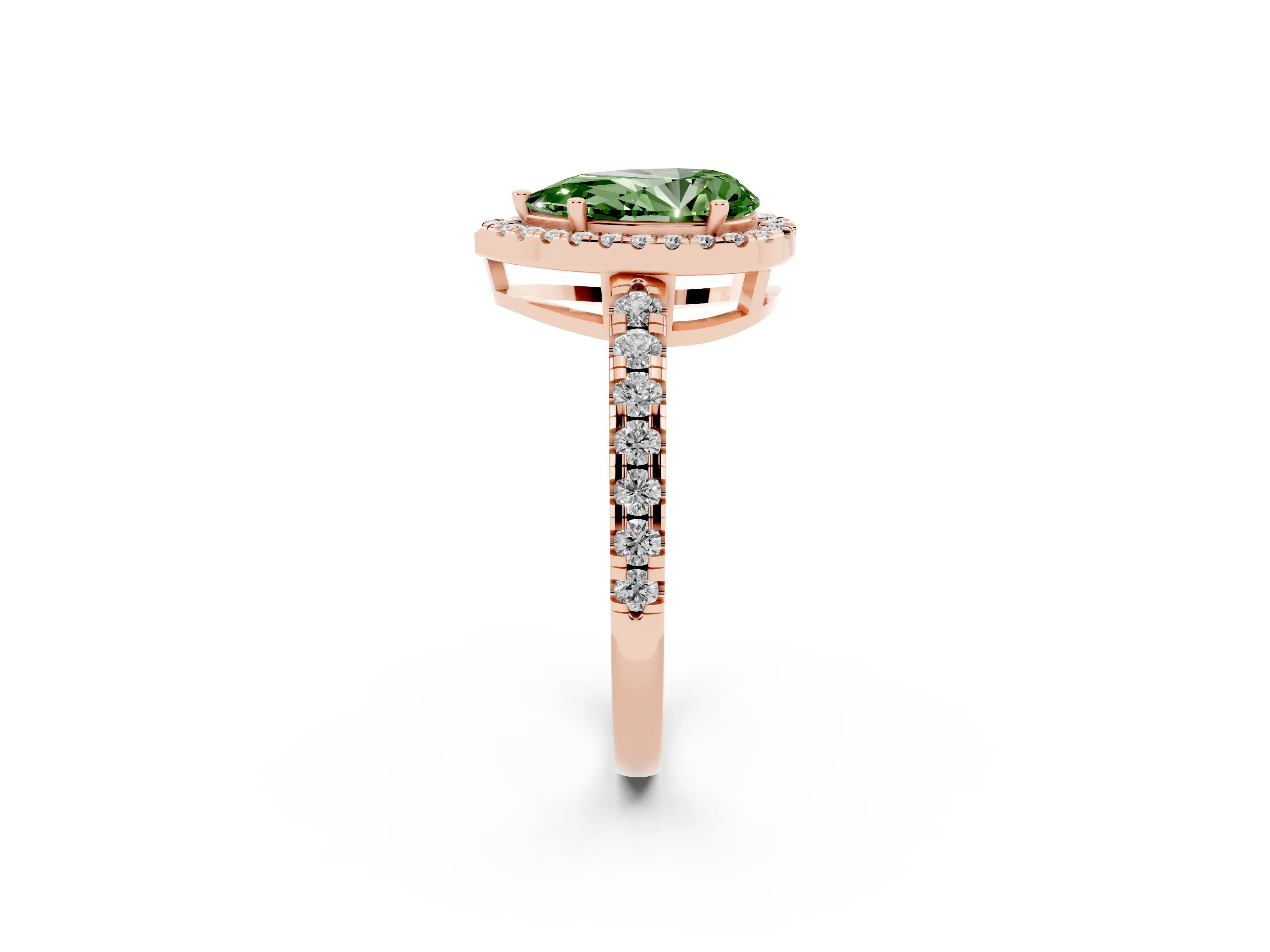 Fancy Green Pear Cut Diamond Halo Ring Set in Rose gold with Delicate Pavé Band and Prong Setting
