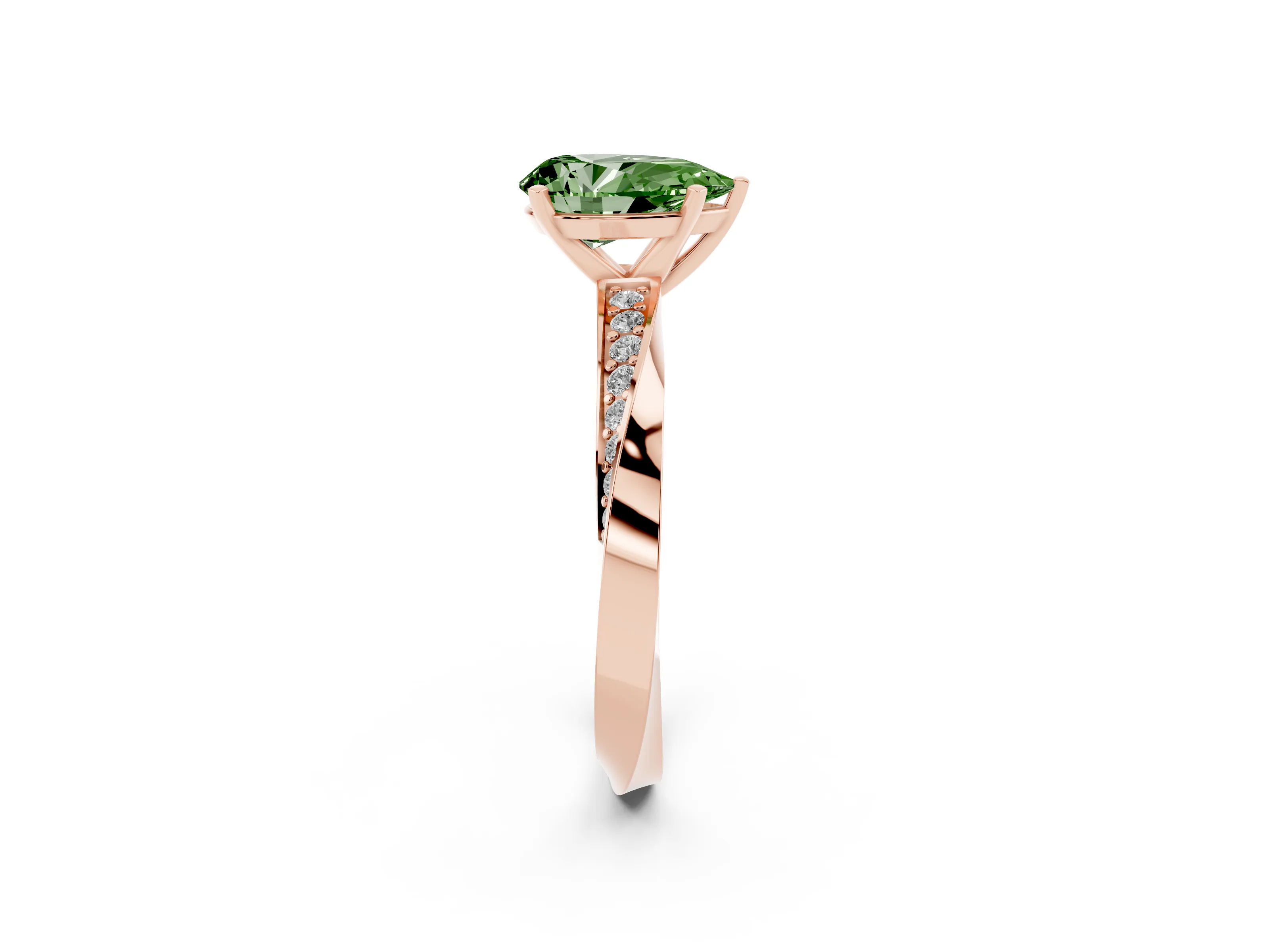 Fancy Green Pear Cut Diamond Engagement Ring Set in Rose gold with Side Stone Accents and Prong Setting