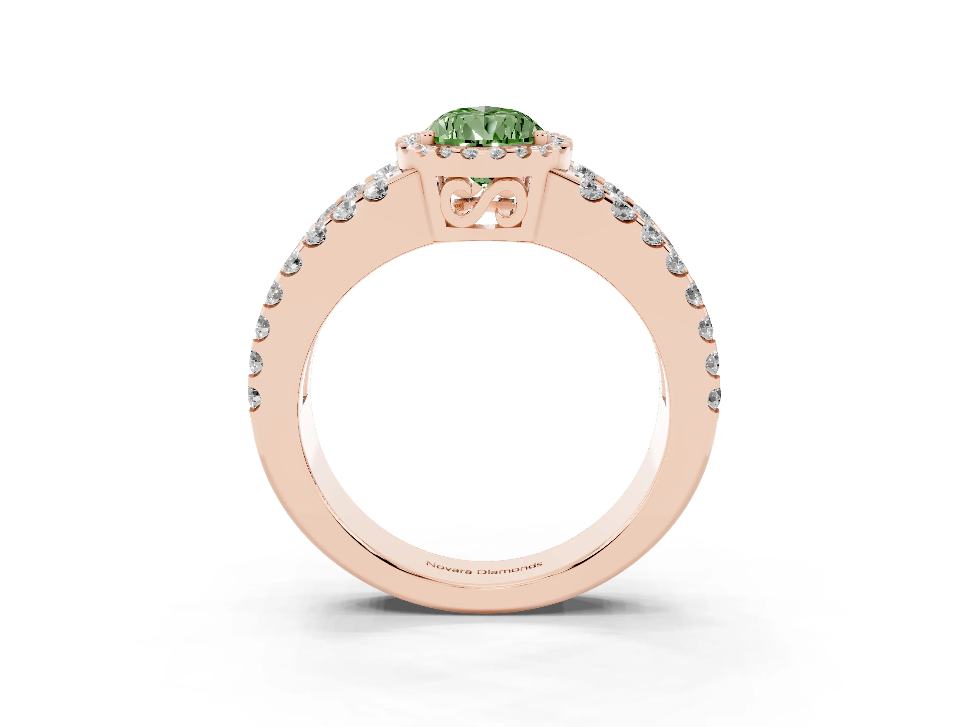 Fancy Green Pear Cut Diamond Halo Ring Set in Rose gold with Pavé Split Shank and Prong Setting