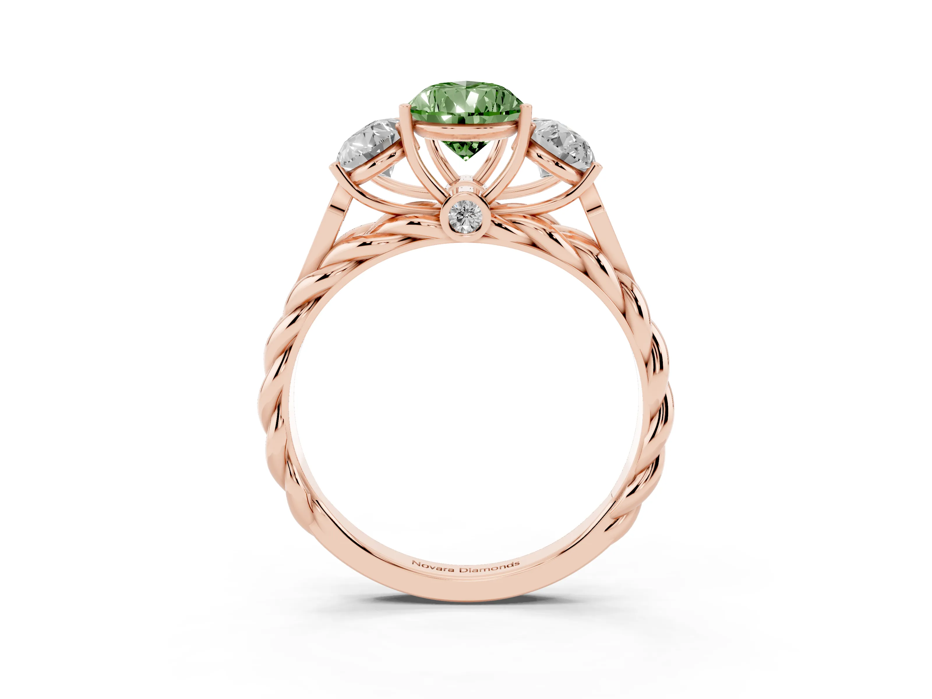 Fancy Green Pear Cut Diamond Three-Stone Ring Set in Rose gold with Braided Band