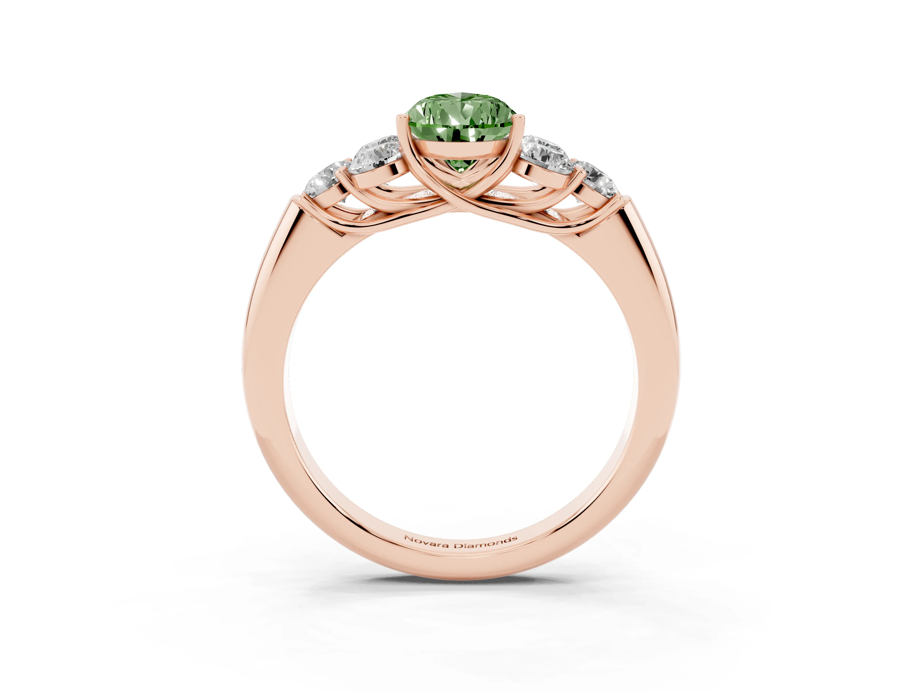 Fancy Green Pear Cut Diamond Cluster Ring Set in Rose gold with Round Accent Stones and Prong Setting on a Plain Band