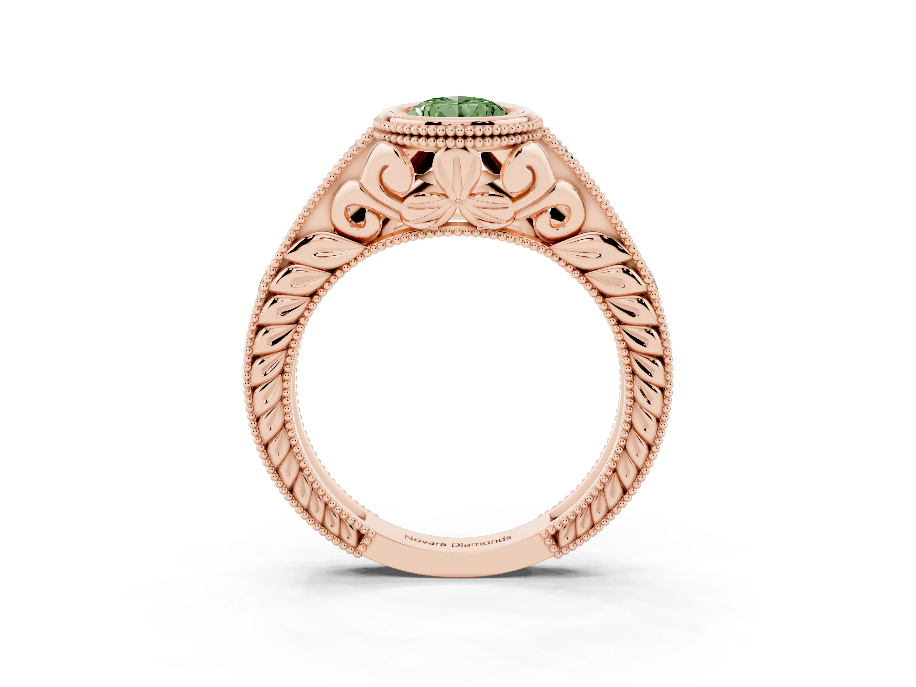 Fancy Green Bezel Set Pear Cut Diamond Milgrain Pavé Engagement Ring Set in Rose gold
