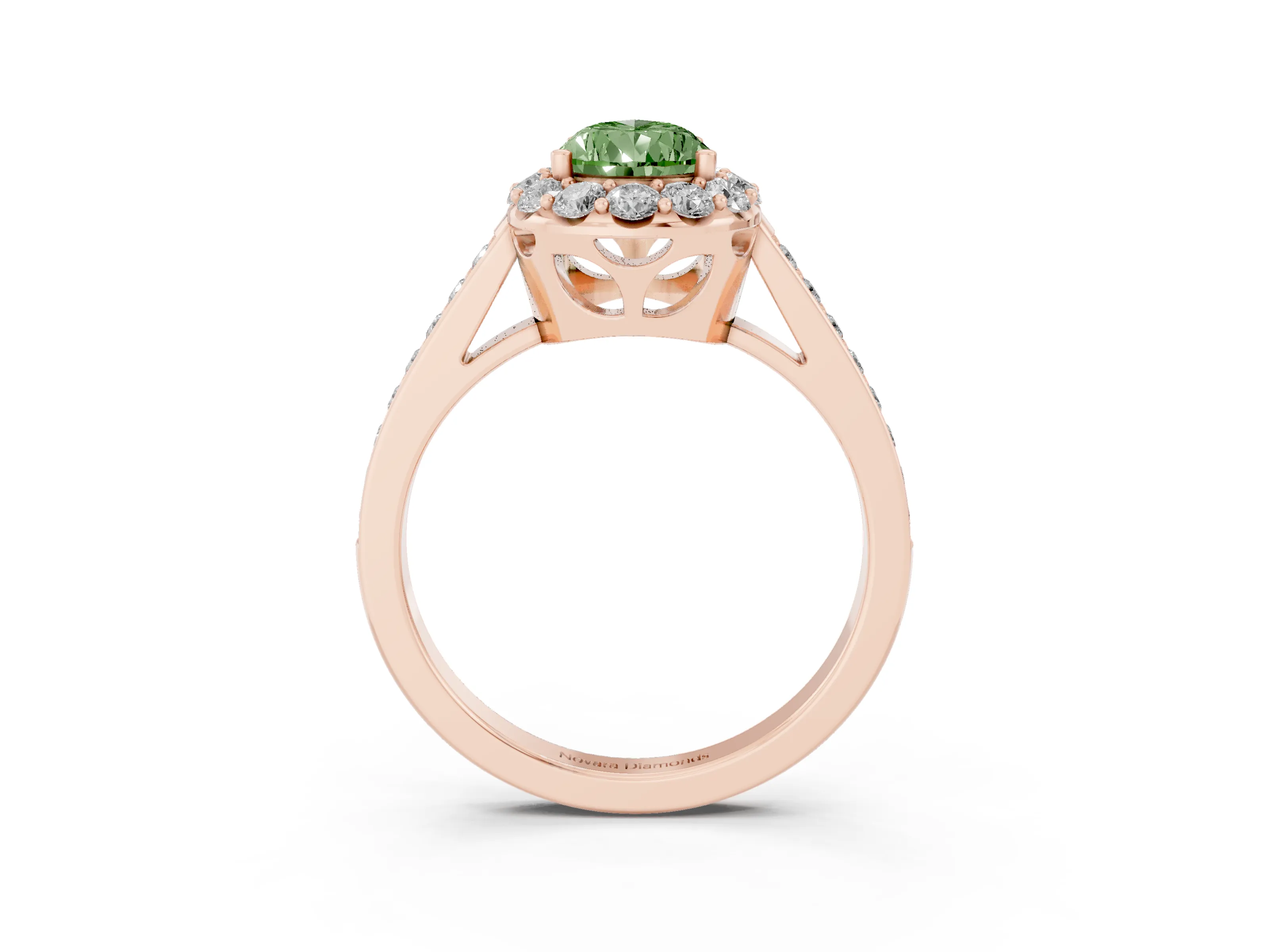 Fancy Green Pear Cut Diamond Floral Halo Ring Set in Rose gold with Pavé Band and Prong Setting
