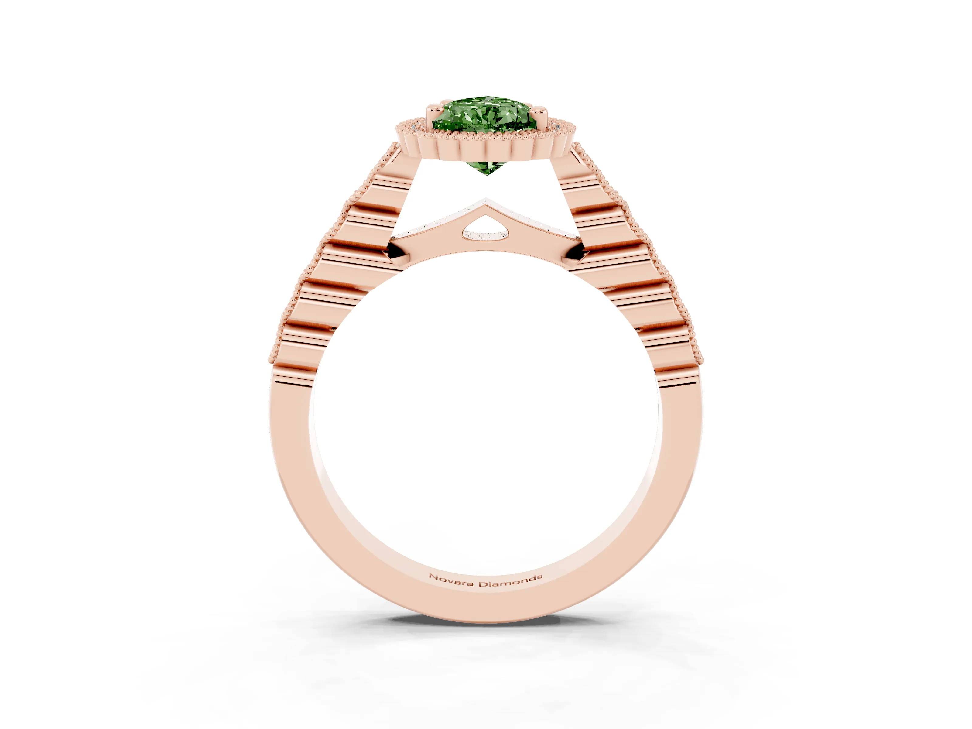 Fancy Green Pear Cut Diamond Halo Ring Set in Rose gold with Pavé Milgrain Band
