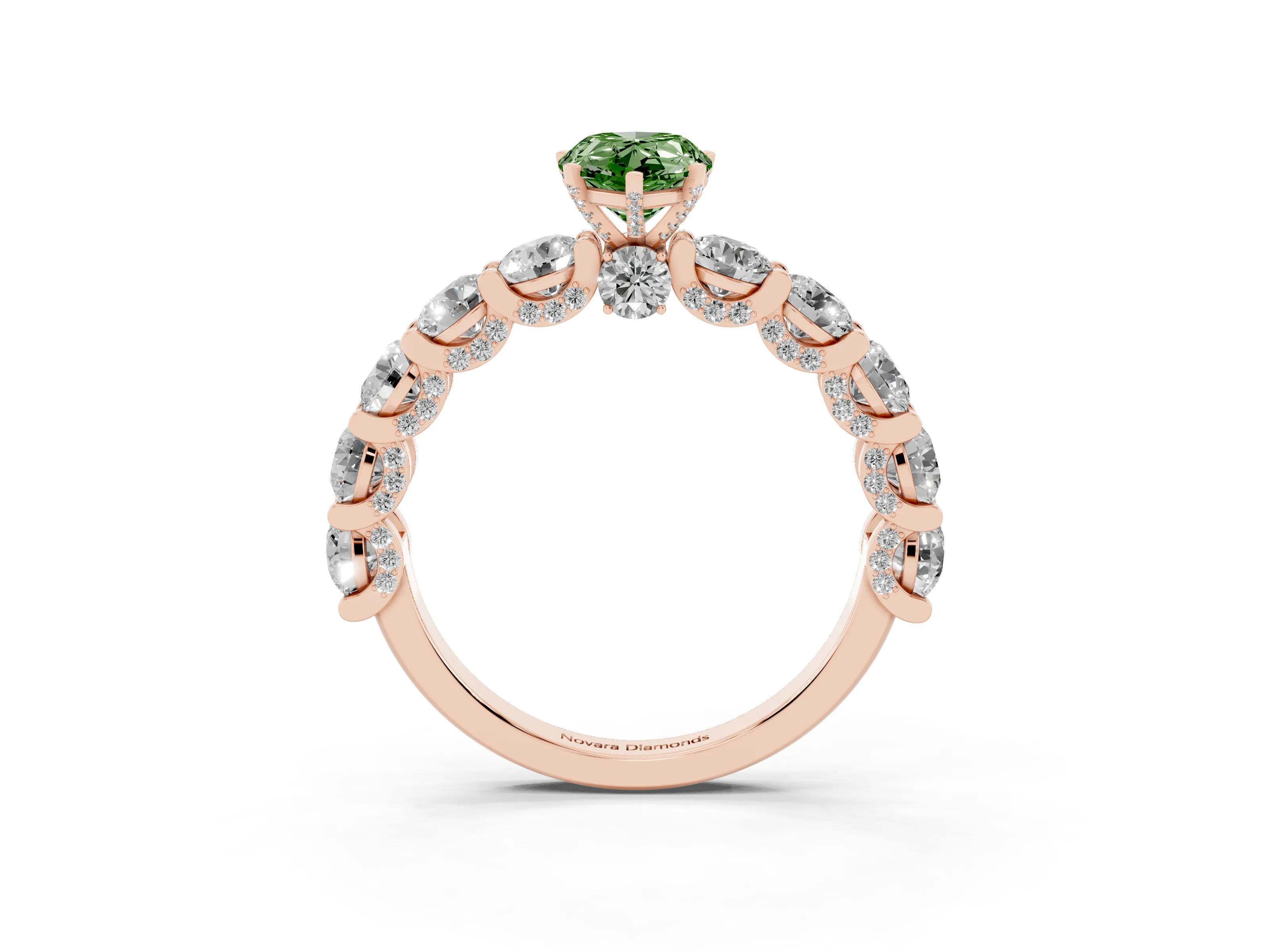 Fancy Green Pear Cut Diamond Side Stone Ring Set in Rose gold with Alternating Round and Oval Side Stones