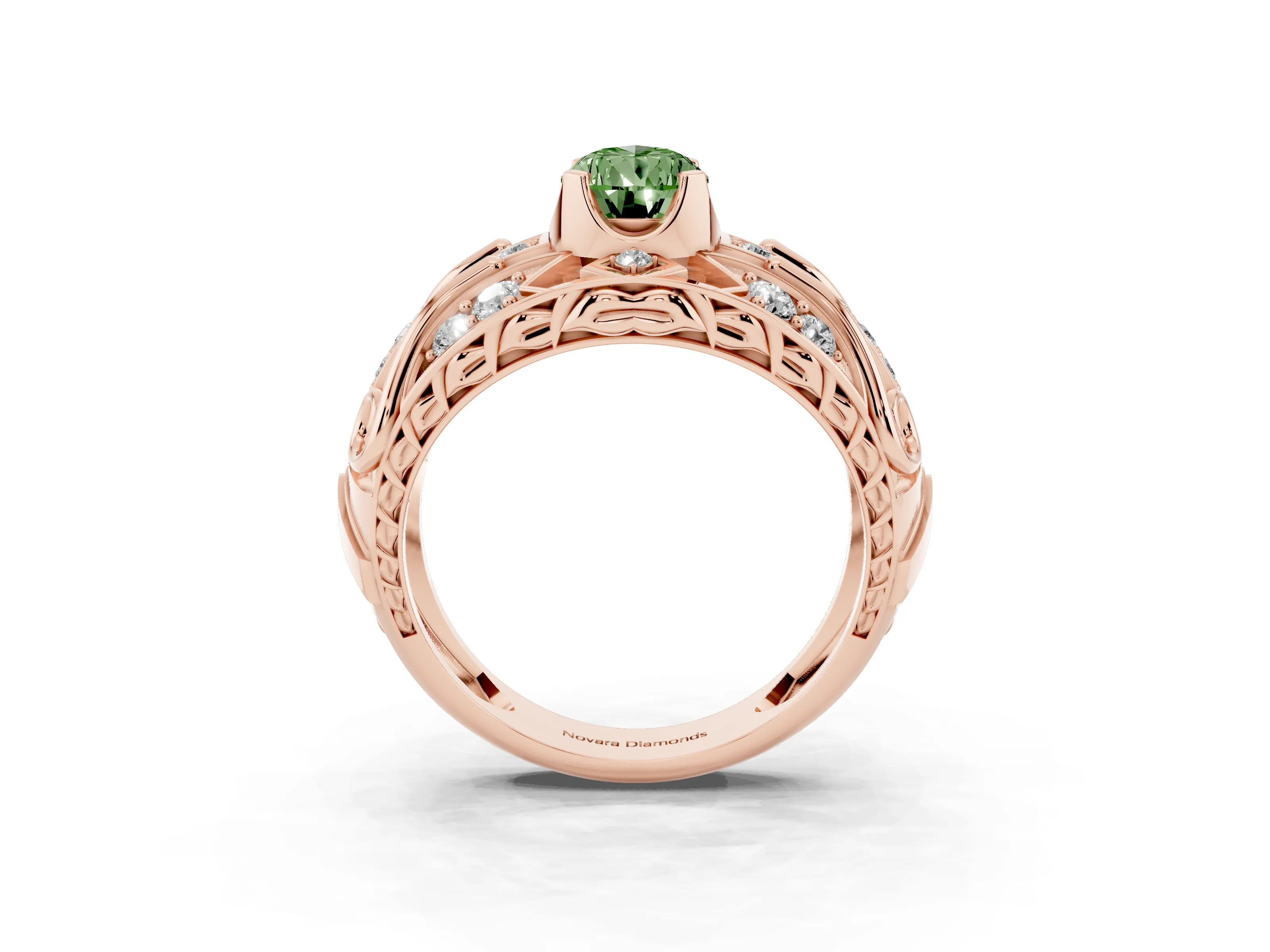 Fancy Green Pear Cut Diamond Art Deco Ring Set in Rose gold with Pavé Split Shank