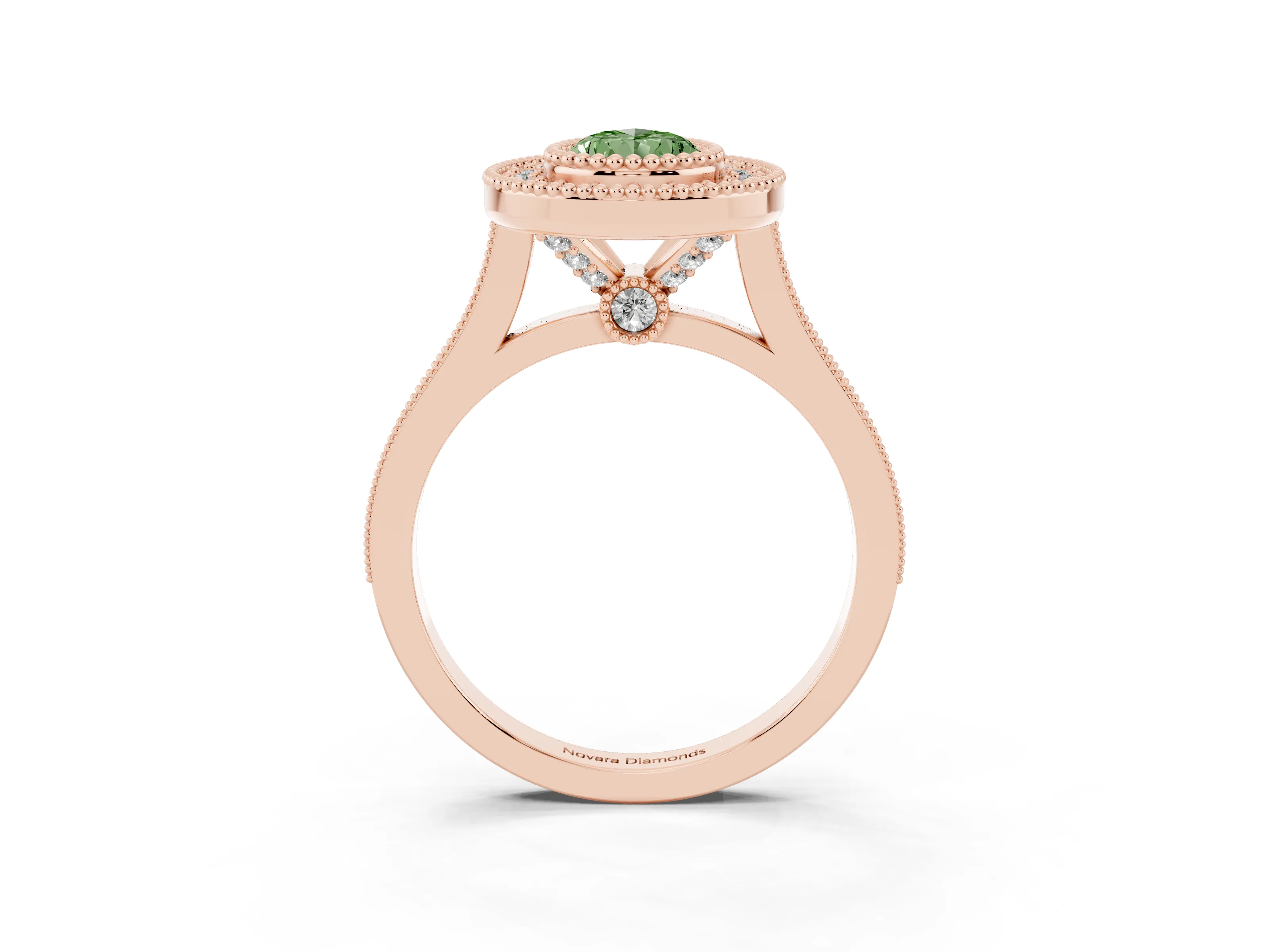 Fancy Green Pear Cut Diamond Halo Ring Set in Rose gold with Milgrain Frame and Pavé Band