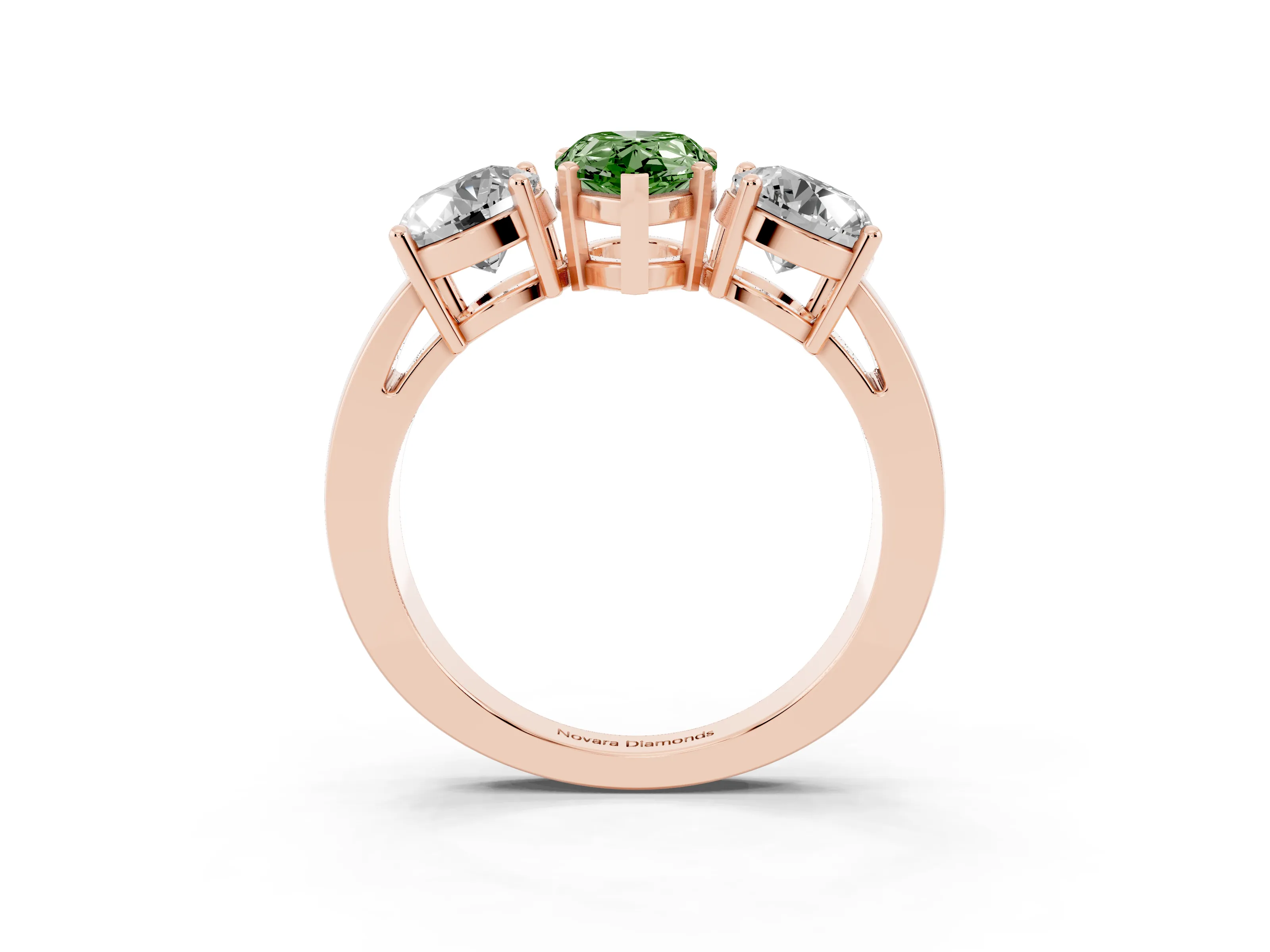 Fancy Green Pear Cut Diamond Three-Stone Ring Set in Rose gold with Round Side Stones and Classic Band