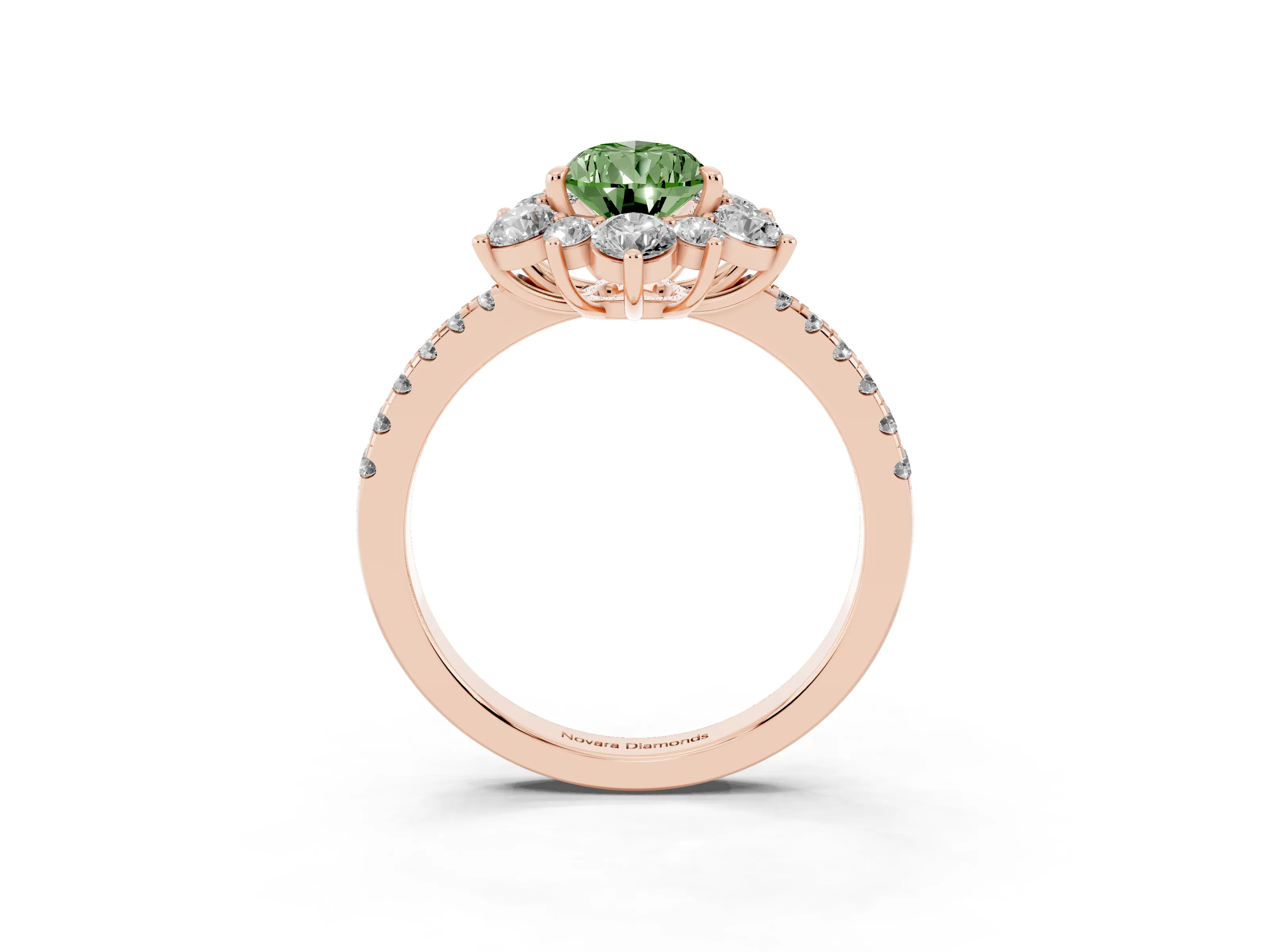 Fancy Green Pear Cut Diamond Floral Halo Ring Set in Rose gold with Round Pavé Band and Prong Setting