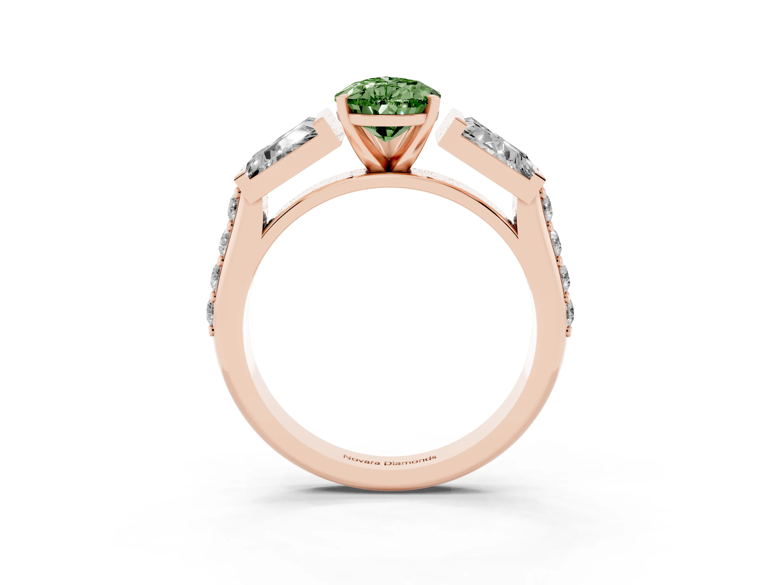 Fancy Green Pear Cut Diamond Engagement Ring Set in Rose gold with Baguette Side Stones and Channel Set Band