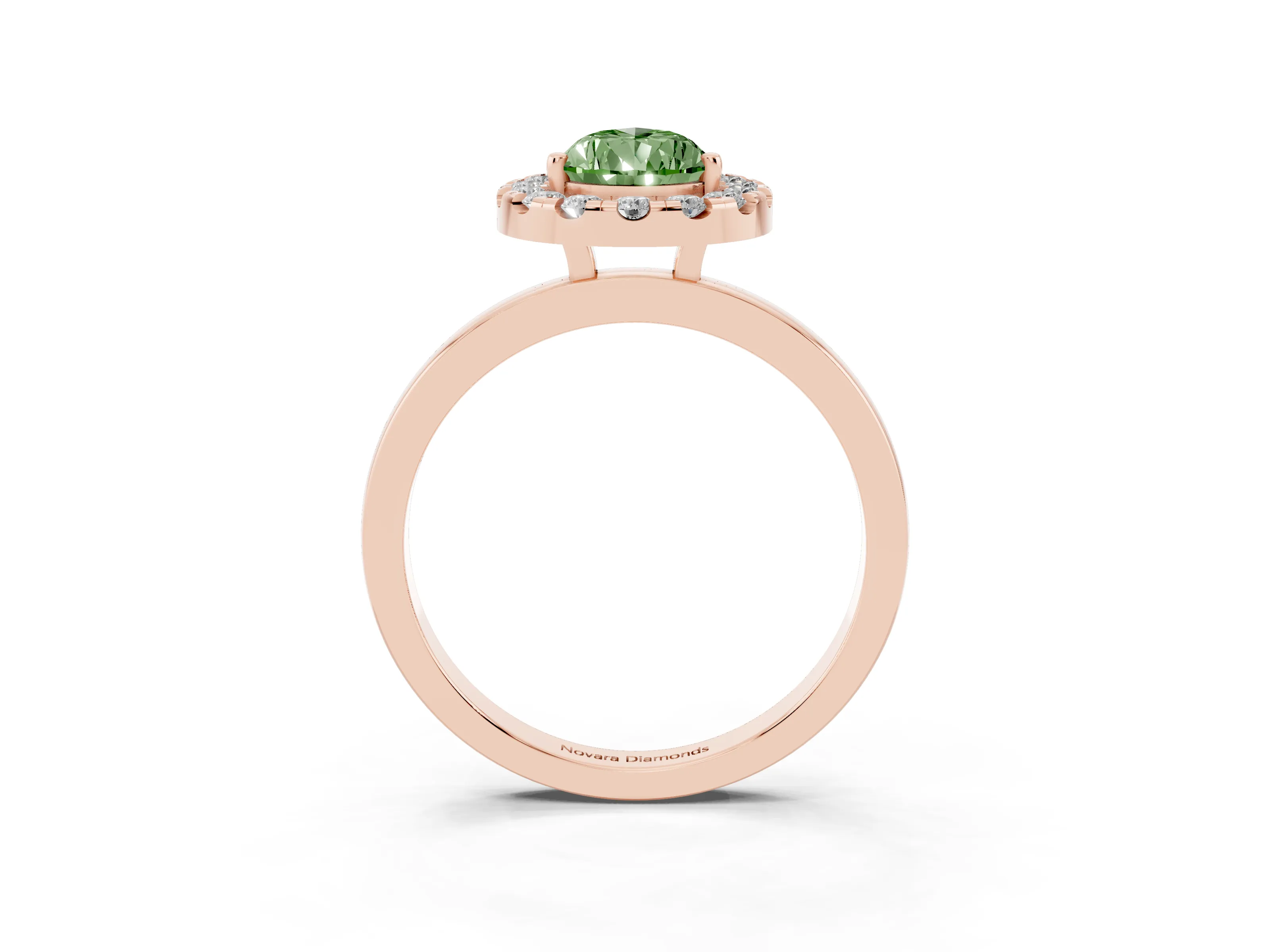 Fancy Green Pear Cut Diamond Halo Solitaire Ring Set in Rose gold with Pavé Band and Prong Setting