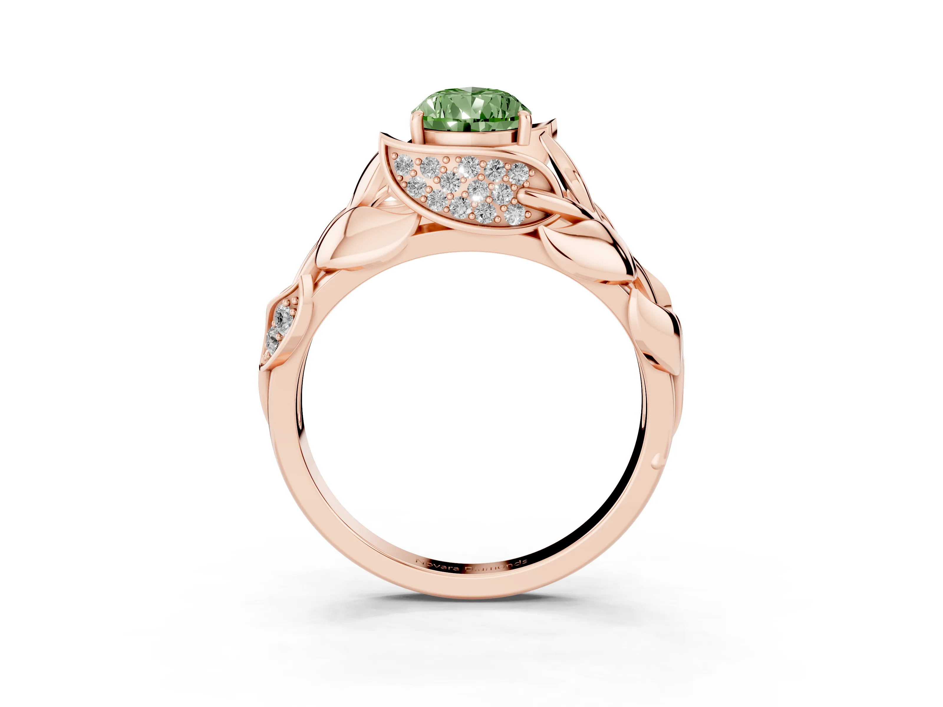 Fancy Green Pear Cut Diamond Leaf-Inspired Engagement Ring Set in Rose gold with Round Accents