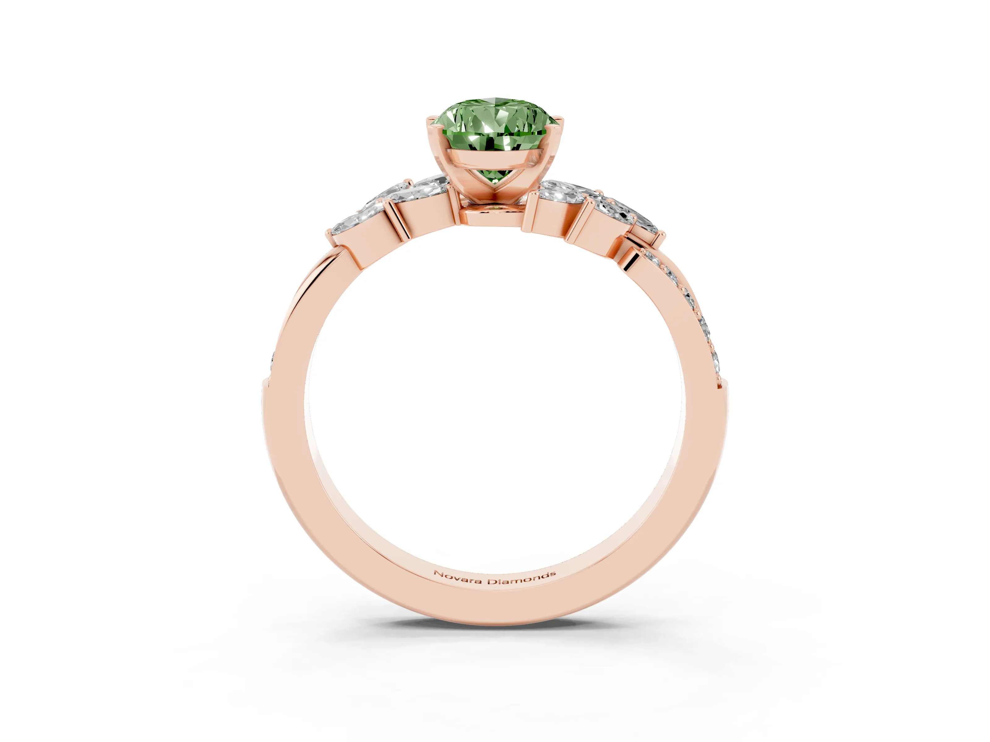 Fancy Green Pear Cut Diamond Solitaire Ring Set in Rose gold with Marquise Twist Band and Prong Setting