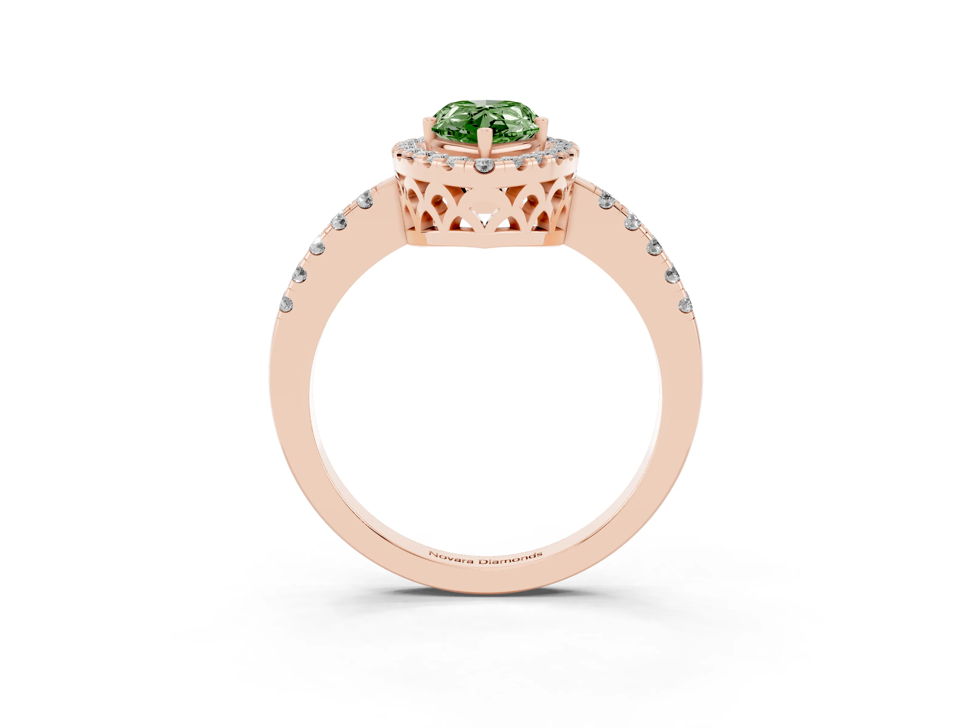 Fancy Green Pear Cut Diamond Pavé Band Halo Engagement Ring Set in Rose gold with Prong Setting