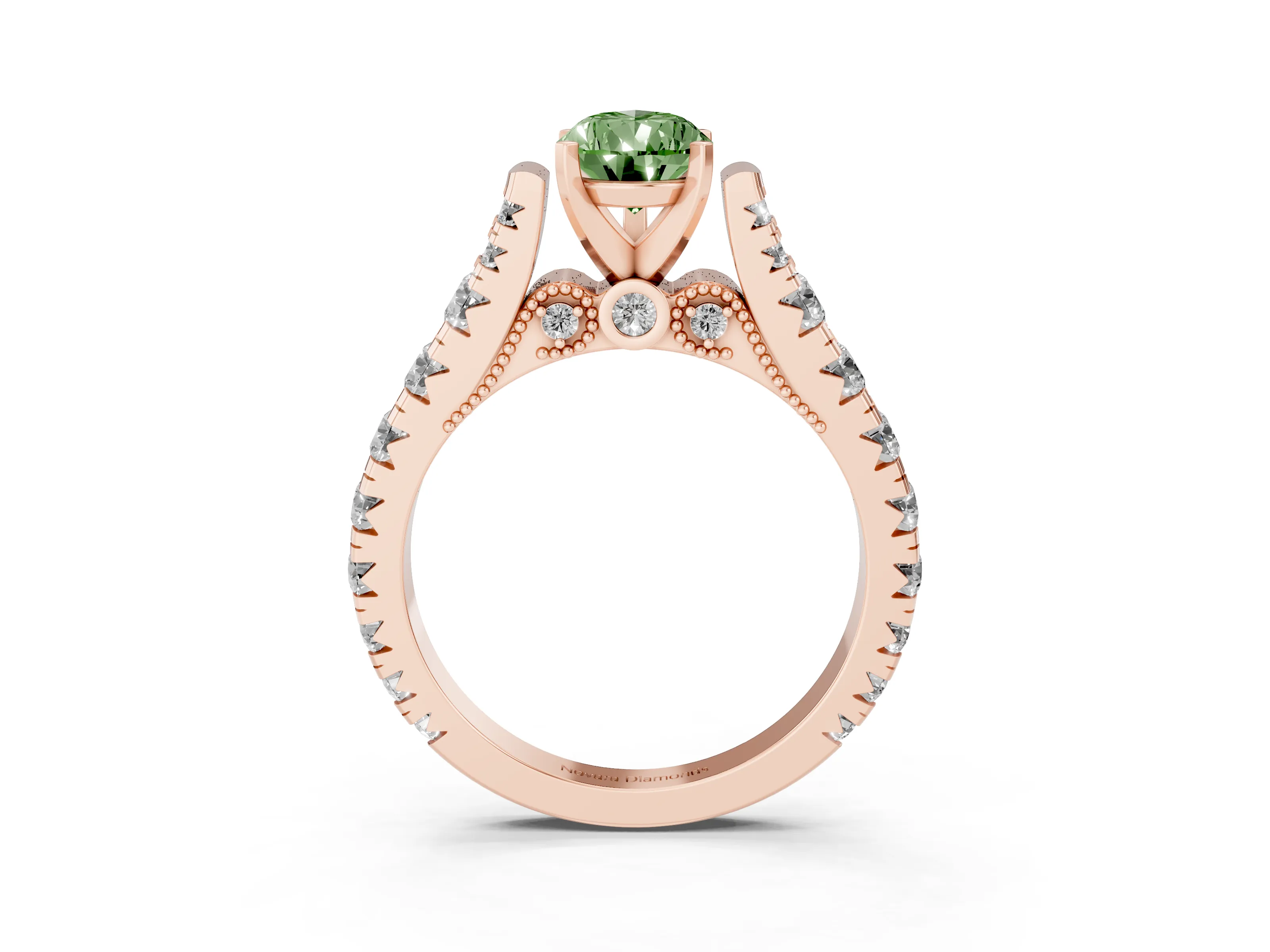 Fancy Green Pear Cut Diamond Classic Solitaire Ring Set in Rose gold with Pavé Band and Prong Setting
