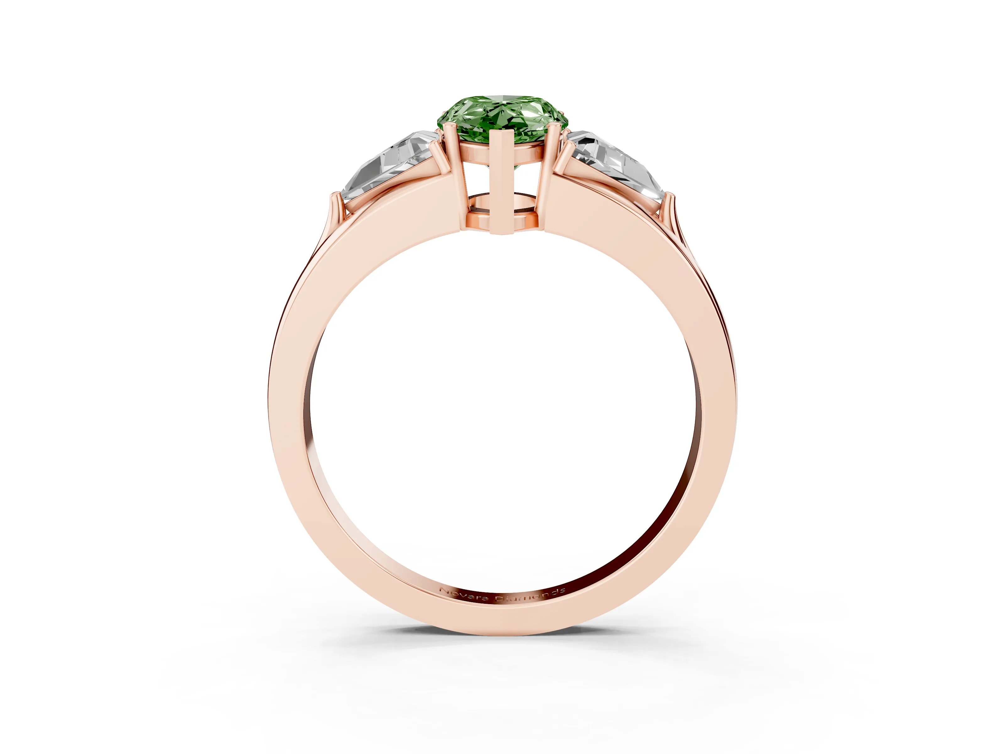 Fancy Green Pear Cut Diamond Three-Stone Ring Set in Rose gold with Trillion Side Stones and Split Shank