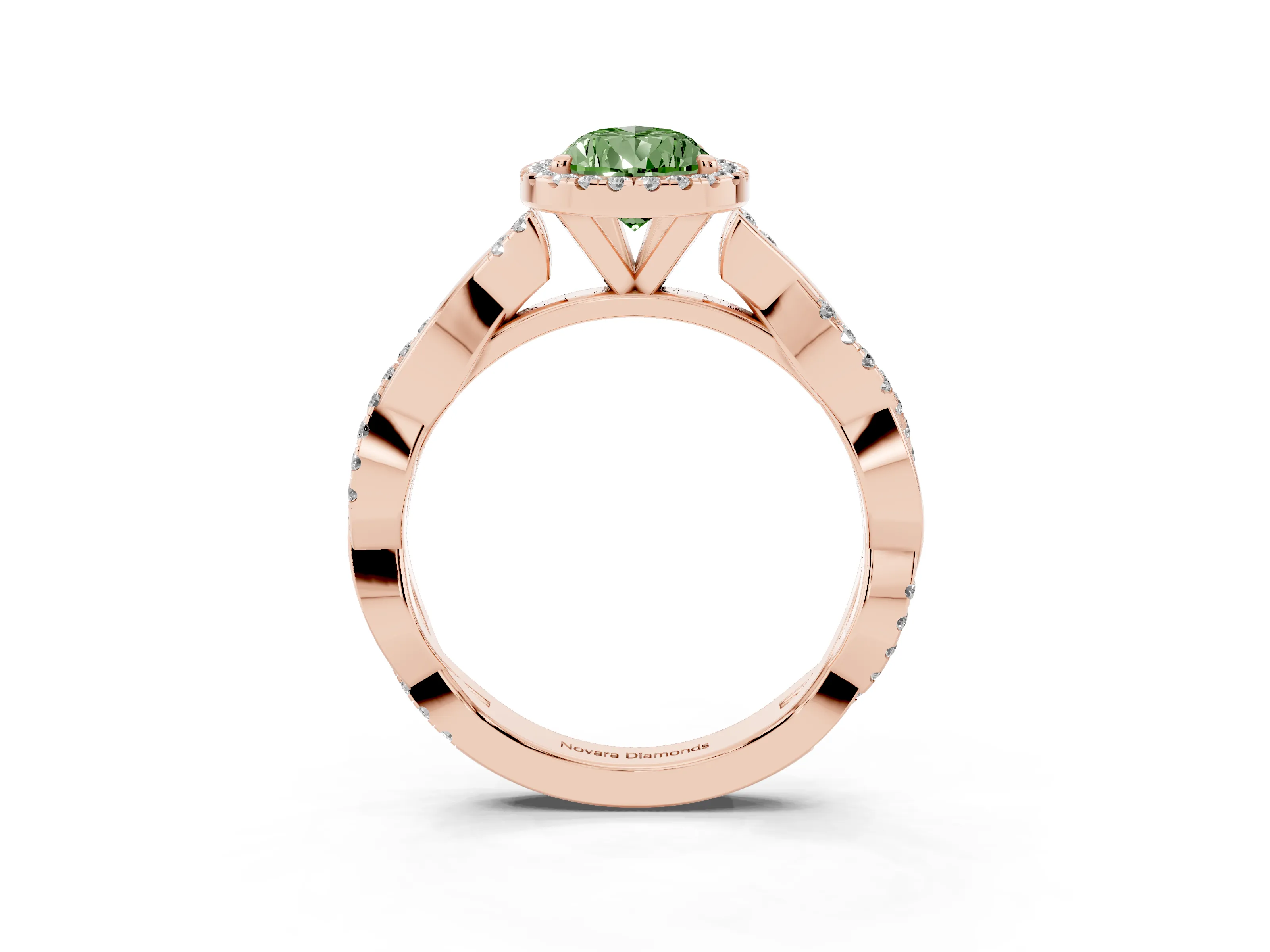 Fancy Green Pear Cut Diamond Halo Twisted Band Ring Set in Rose gold with Prong Setting