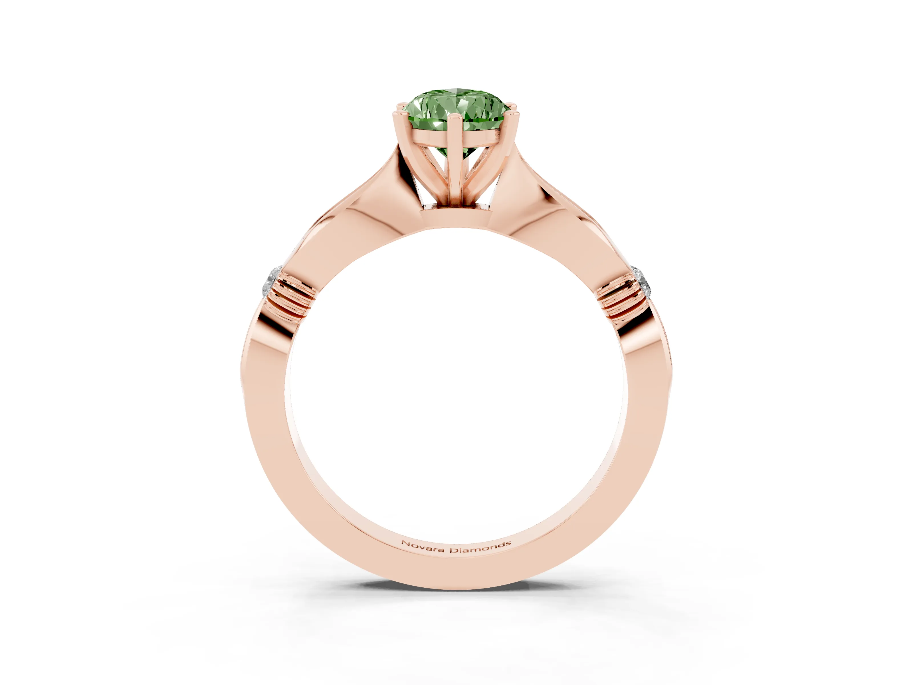 Fancy Green Pear Cut Diamond Solitaire Twisted Band Ring Set in Rose gold with Accent Stones and Prong Setting